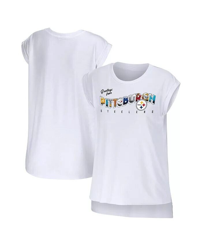 

Женская белая футболка Pittsburgh Steelers Greeting From Muscle Wear By Erin Andrews
