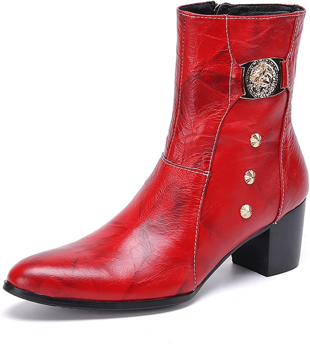 

Мужские повседневные вестерн-челси ботинки Santimon Mens - настоящая кожаная ковбойская обувь средней длины с молнией для вечеринок, диско, бальных танцев и свадеб, красный