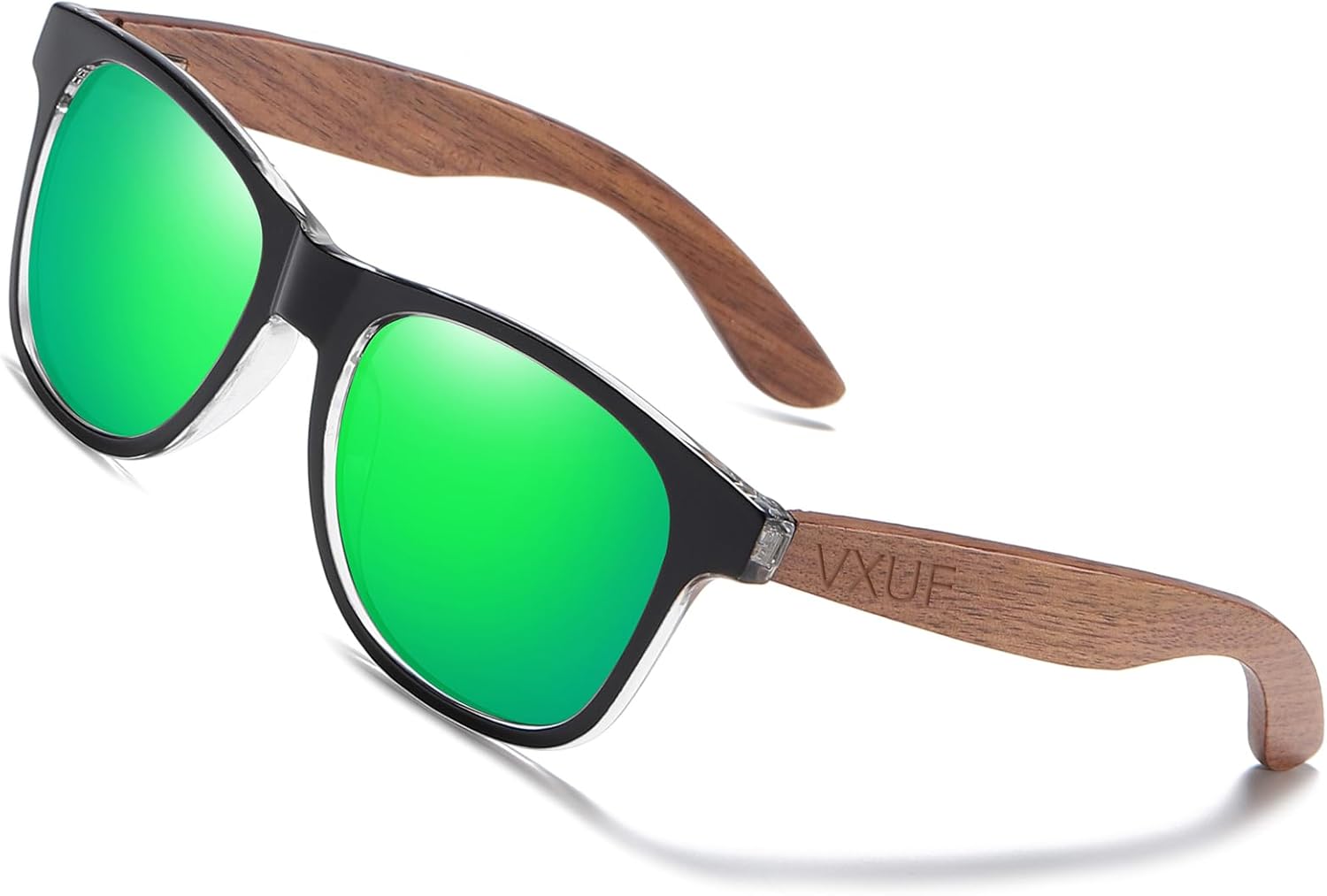 

Деревянные поляризованные солнцезащитные очки для мужчин и женщин с защитой от UVA/UVB-лучей, оправа из бамбука, зеркальные солнцезащитные очки VXUF, Green Lens/Black Walnut