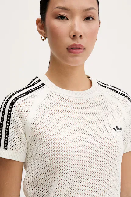 Топ с коротким рукавом ажурный кроп-топ Adidas Originals, бежевый — фото 4