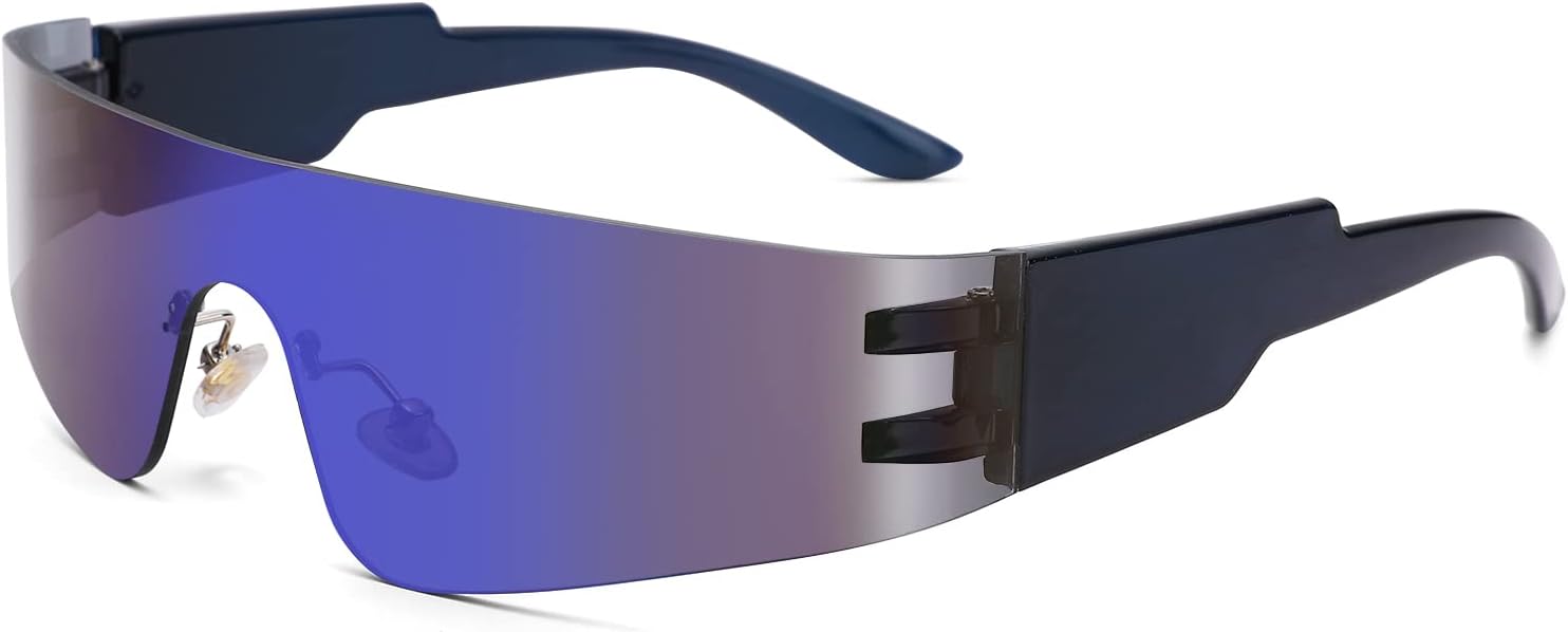 

COASION Солнцезащитные очки с обтекаемой формой для женщин и мужчин, модные, без оправы, футуристические, в стиле Y2k, с плоской верхней частью, стильные очки, A3 Black / Blue Mirrored