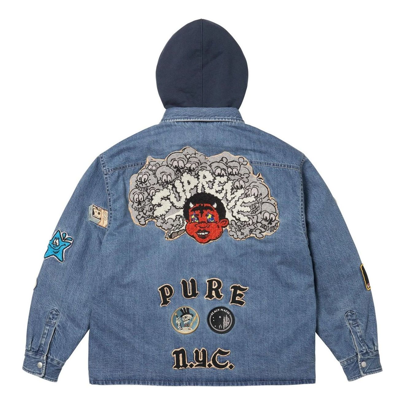 Рубашка на молнии с капюшоном Supreme Patches, цвет «джинсовый» — фото 3