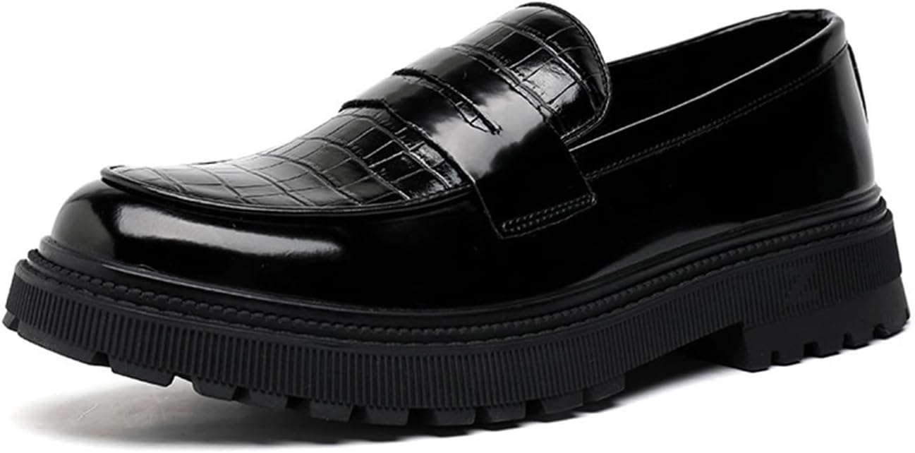 

Мужские кожаные лоферы с принтом на массивной платформе, с круглым носком, без шнуровки, с рифленой подошвой, для работы и повседневного стиля Xiaoguli, черный