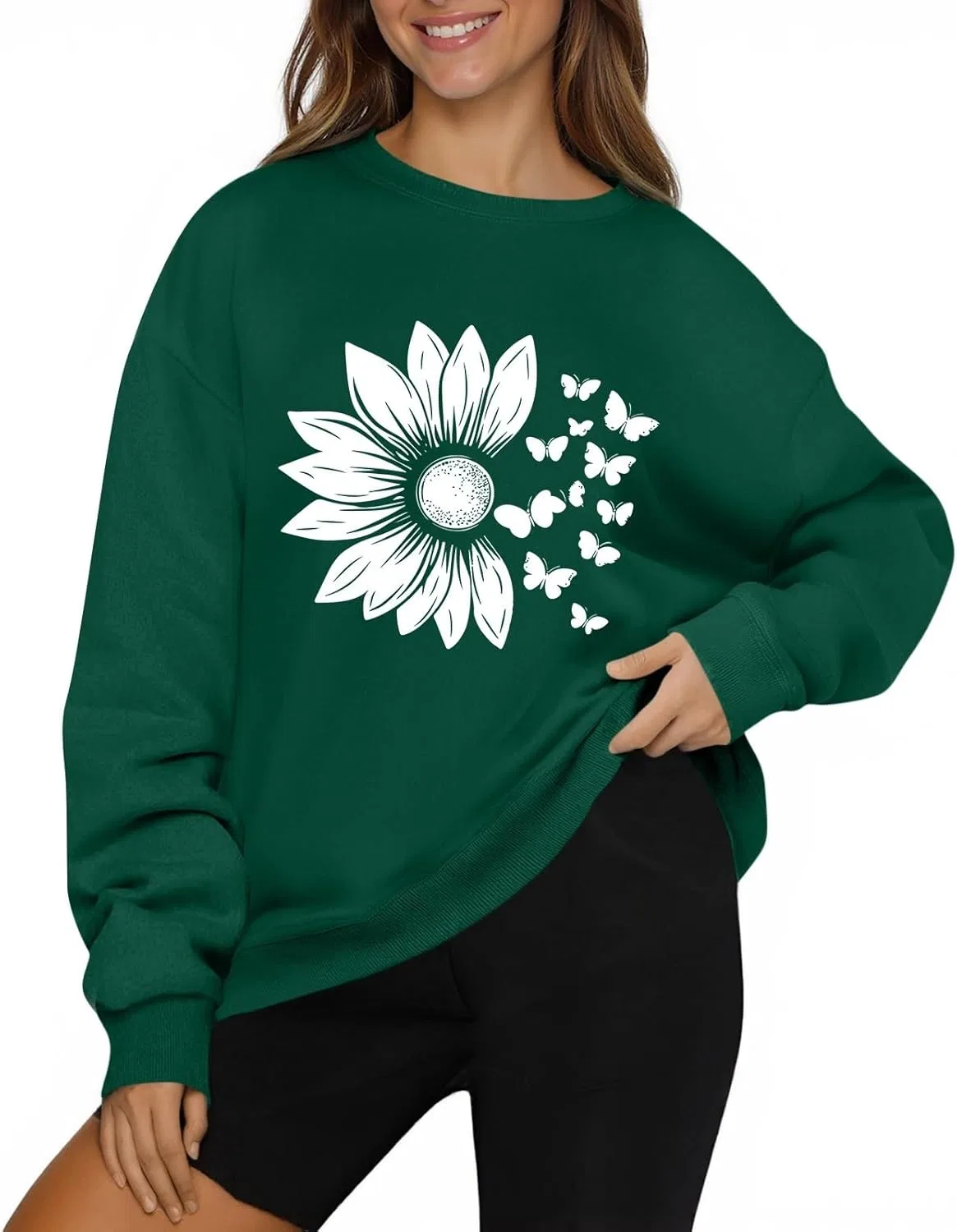 Женский свитшот с цветочным принтом, свободный крой, длинный рукав, 2-dark Green — фото 3