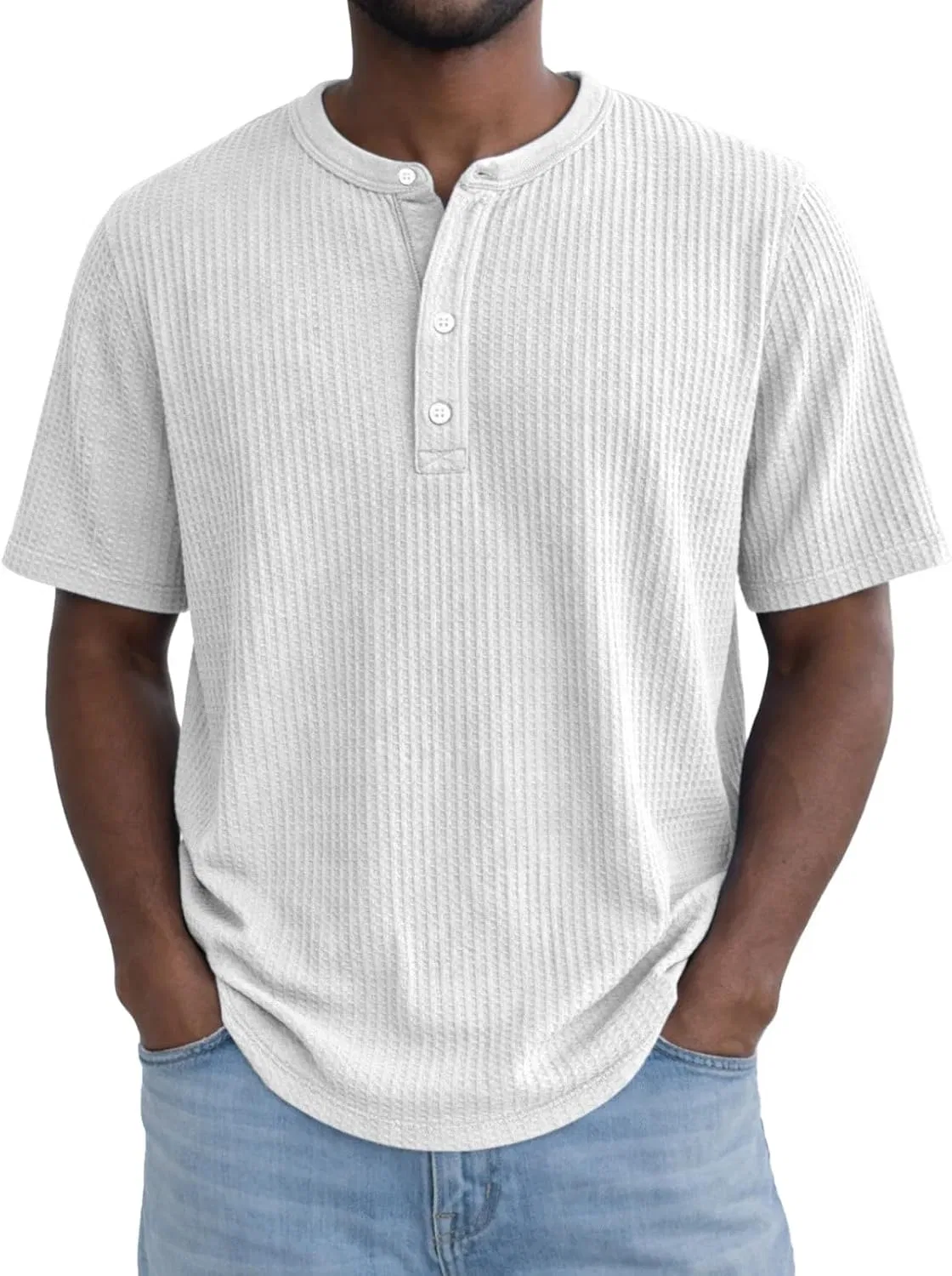 Футболка мужская с коротким рукавом, вафельная вязка, хенли, Solid, White