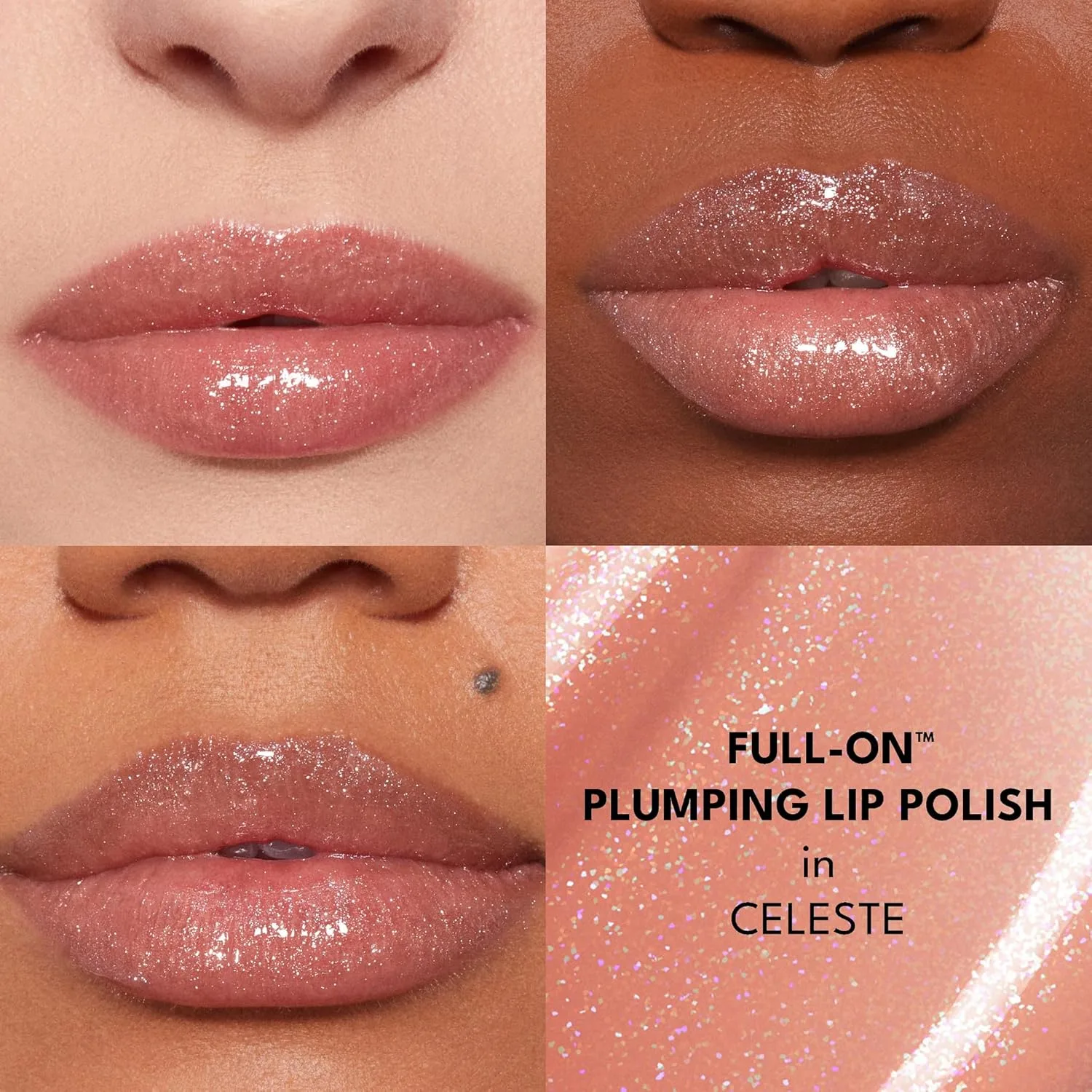 Buxom Full-On Plumping Lip Polish, блеск для губ, тонирующий блеск для губ, формула с пептидами и витамином Е для придания губам объема и увлажнения. 4,4 мл (1 шт.), AK Celeste (Peachy Beige Sparkle) — фото 3