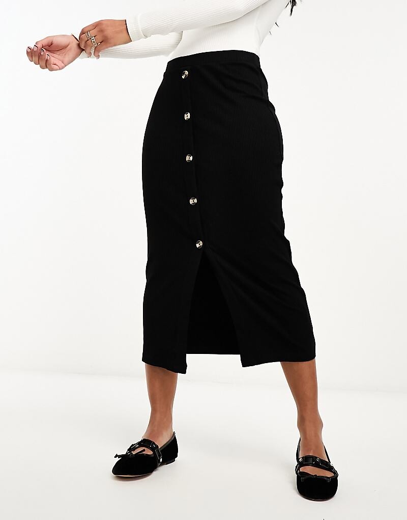 

ASOS DESIGN – Черная юбка миди в рубчик с роговыми пуговицами