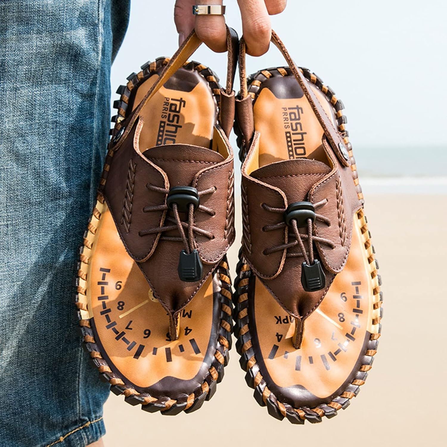 

Сандалии, новые летние пляжные нескользящие шлепанцы, с толстой подошвой, быстрая сушка, мужские сандалии с открытым носком из регулируемой кожи для улицы, летние сандалии и тапочки (Цвет: темно-коричневый, Размер: 11) Ccmom