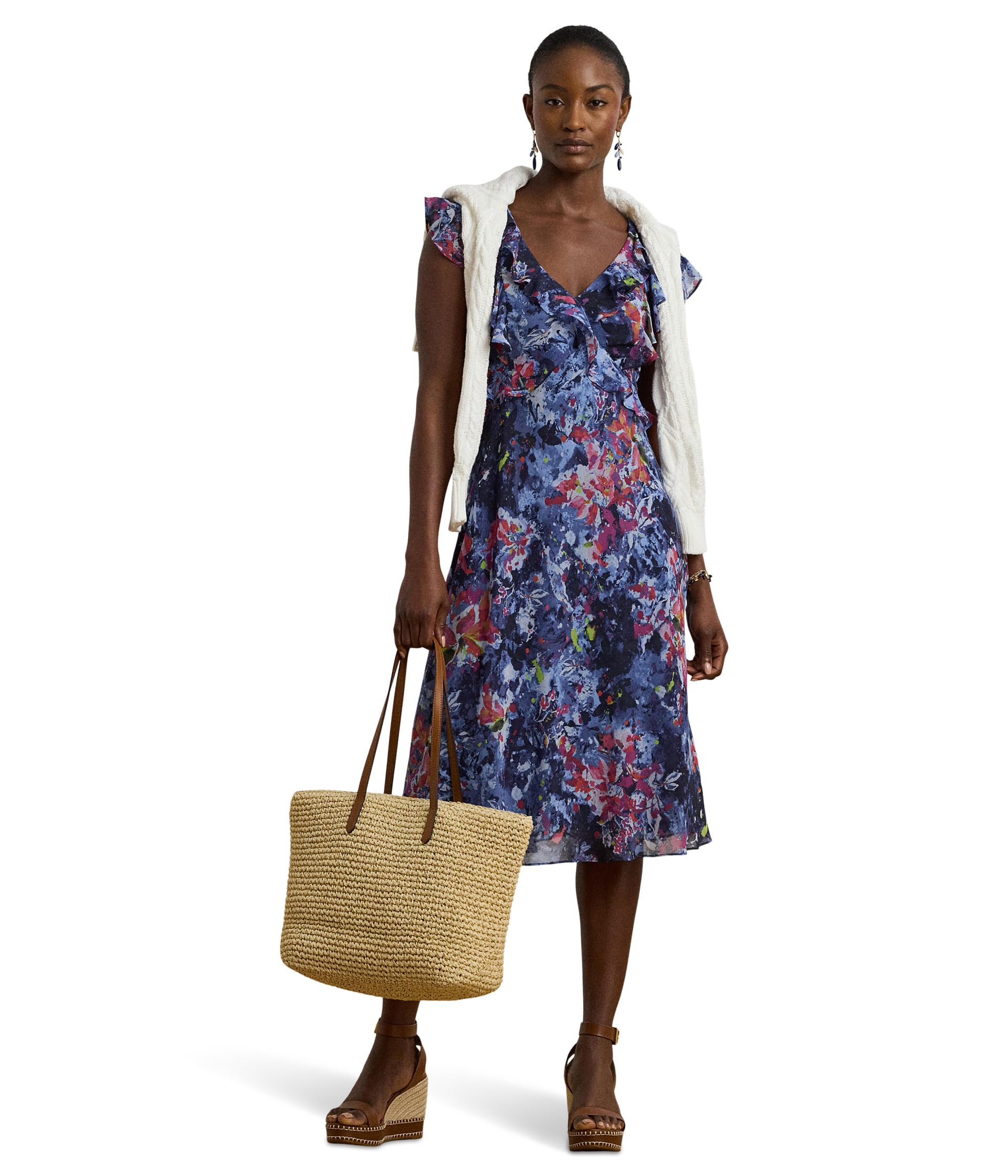 

Платье Lauren Ralph Lauren Print Ruffle-Trim Georgette Midi Dress, черный мульти