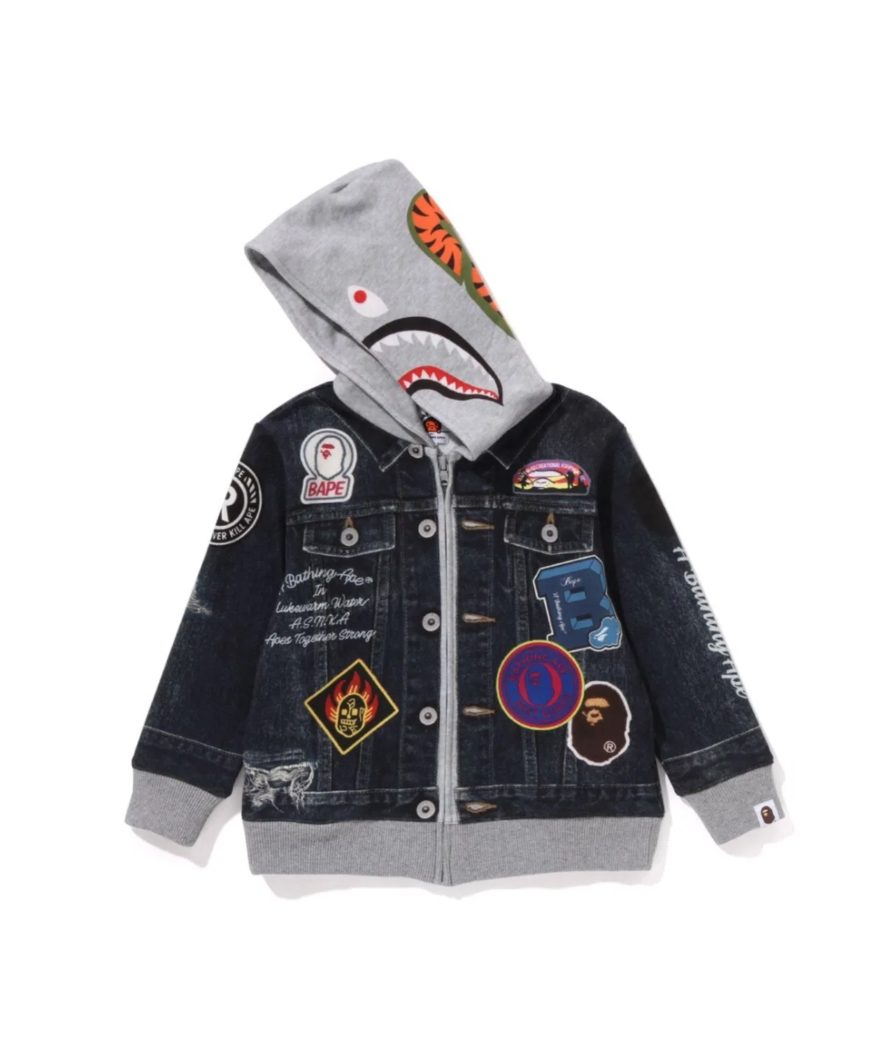 Толстовка с капюшоном A Bathing Ape SHARK BAPE EMBLEM DENIM JACKET PRINT ZIP HOODIE, тёмно-синяя — фото 2