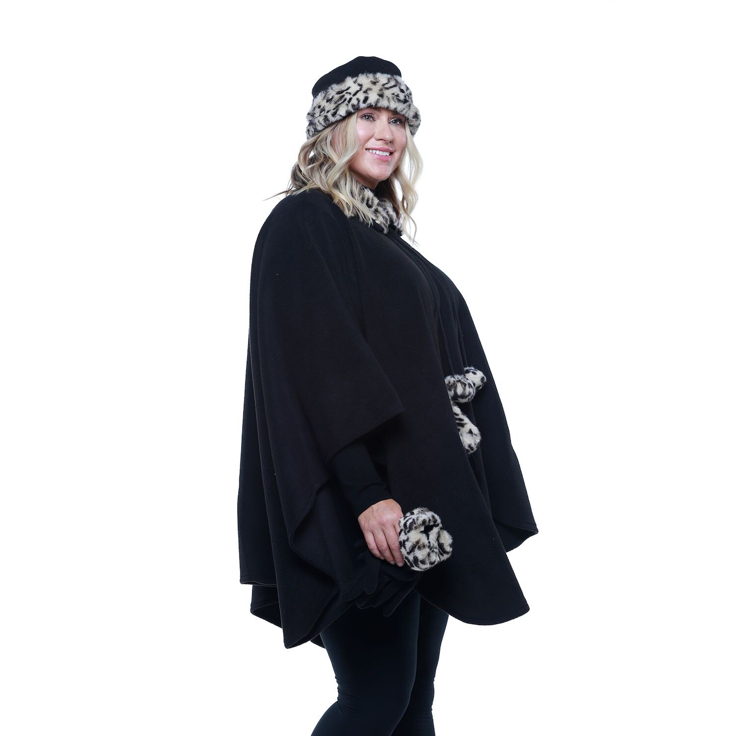 

Женский комплект из флисового пончо и перчаток Linda Anderson Le Moda с отделкой из искусственного меха и помпонами Linda Anderson