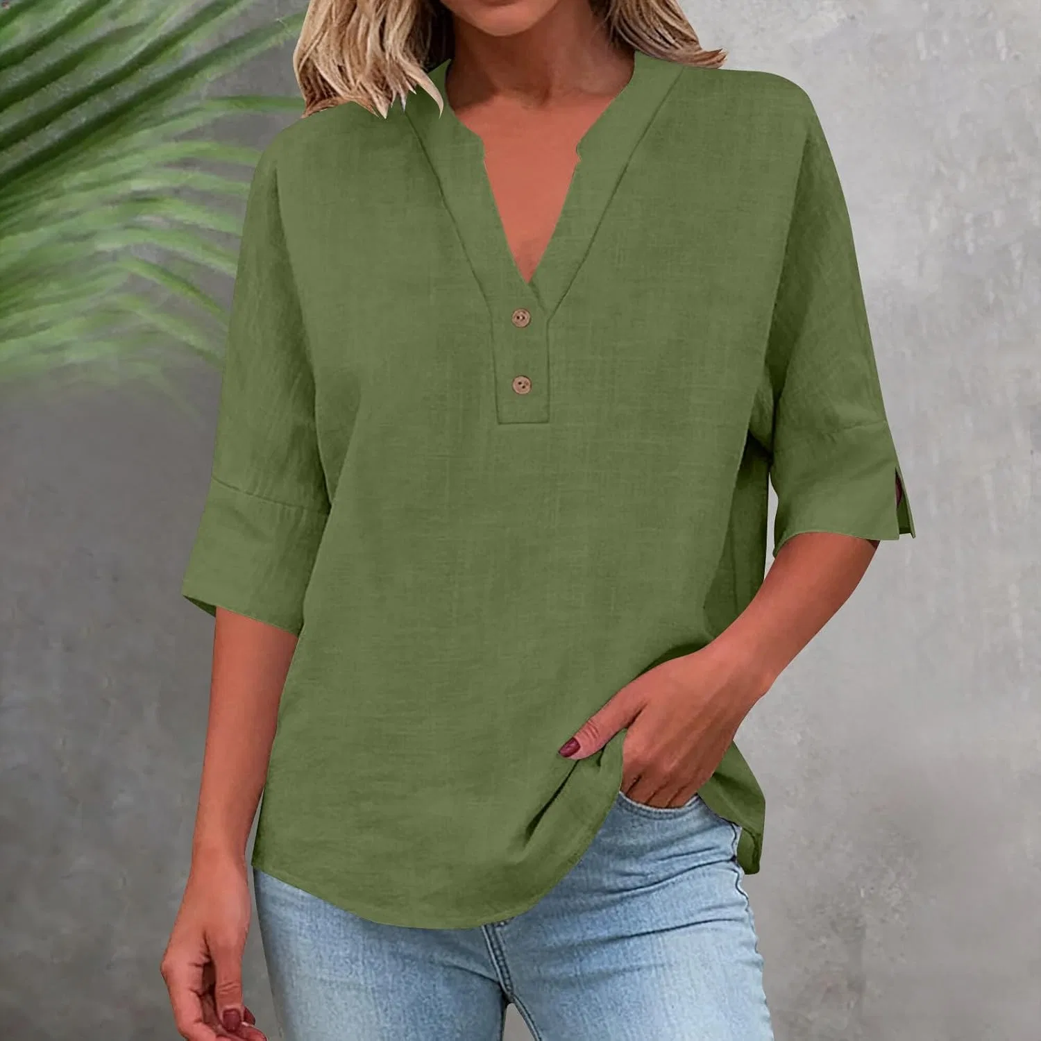 Блуза женская с коротким рукавом, Cotton Linen, Army Green — фото 2