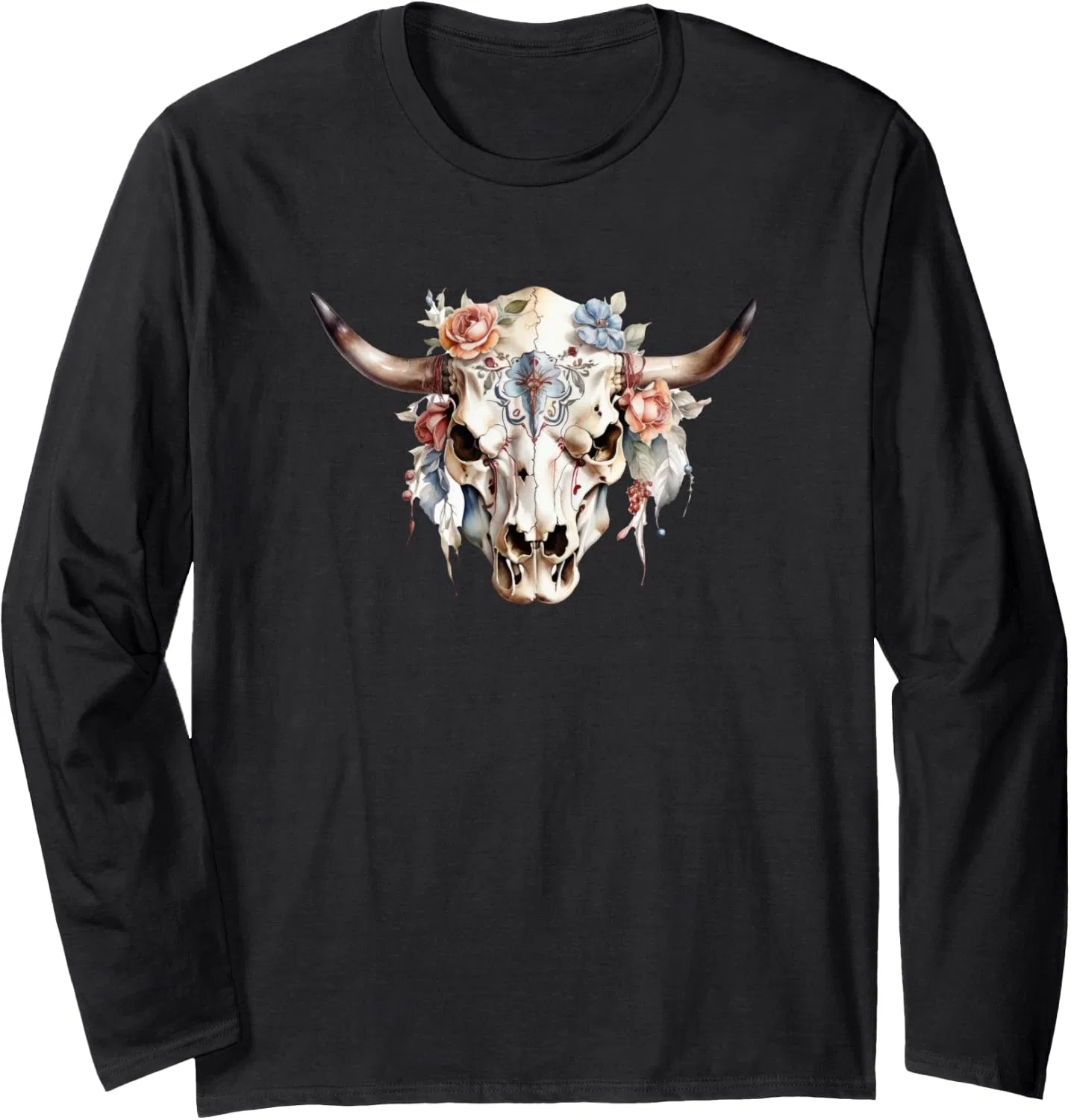 Футболка с графическим принтом, Western Floral Country Bull Skull Feather, длинный рукав, черный