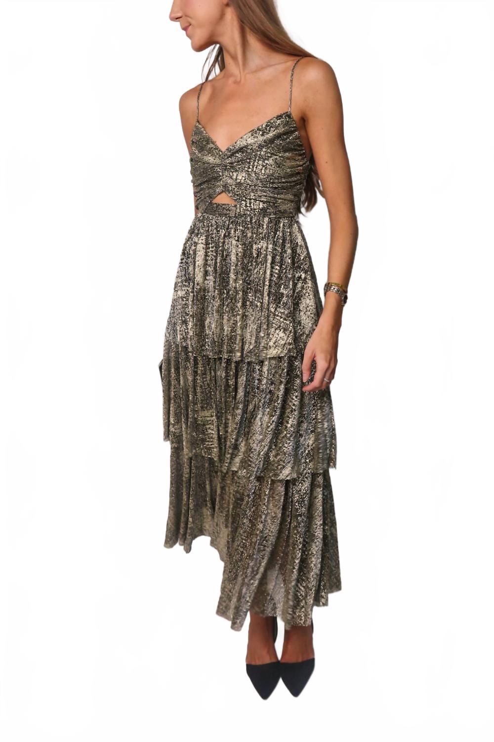 

MOON RIVER Многослойное металлизированное платье миди в черно-золотом цвете