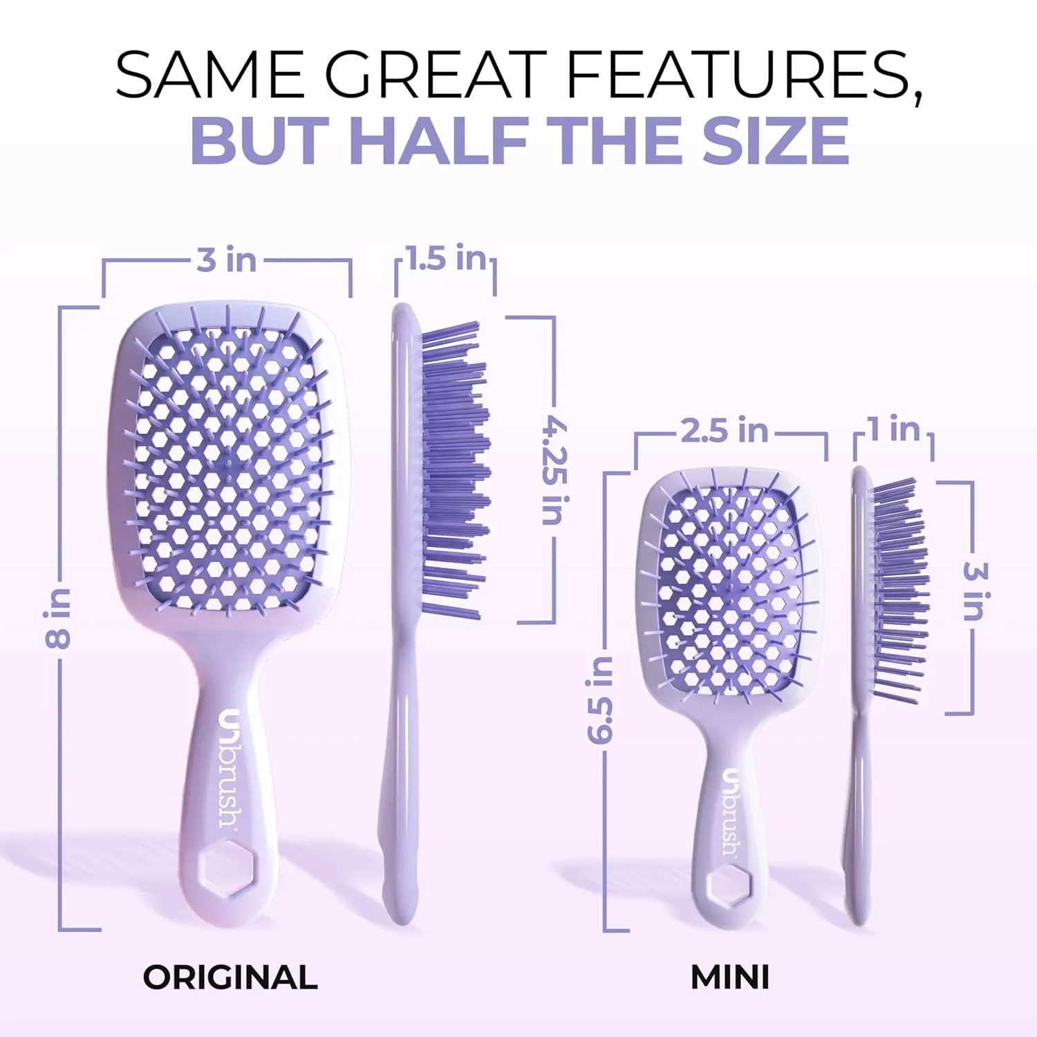 Мини-расческа FHI Heat UNbrush для легкого расчесывания влажных и сухих волос - прочные антистатические щетинки Duoflex, легкая ручка, Lilac Light Purple — фото 3