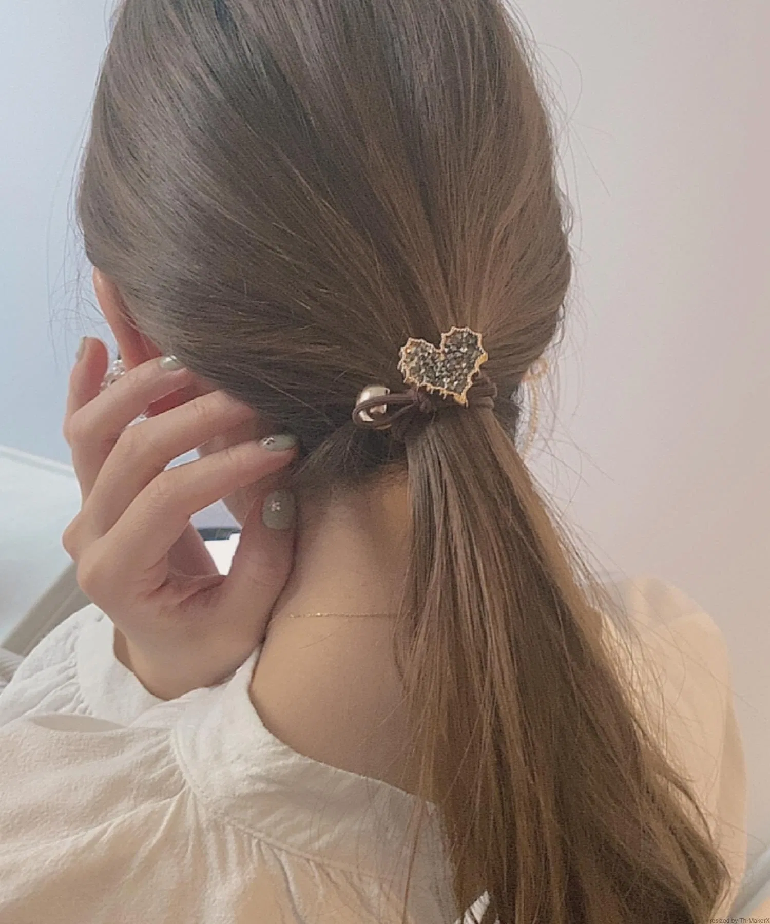 Резинка для волос с сердцем, блестящая металлическая, TONE SELECT GOODS, бежевый — фото 3