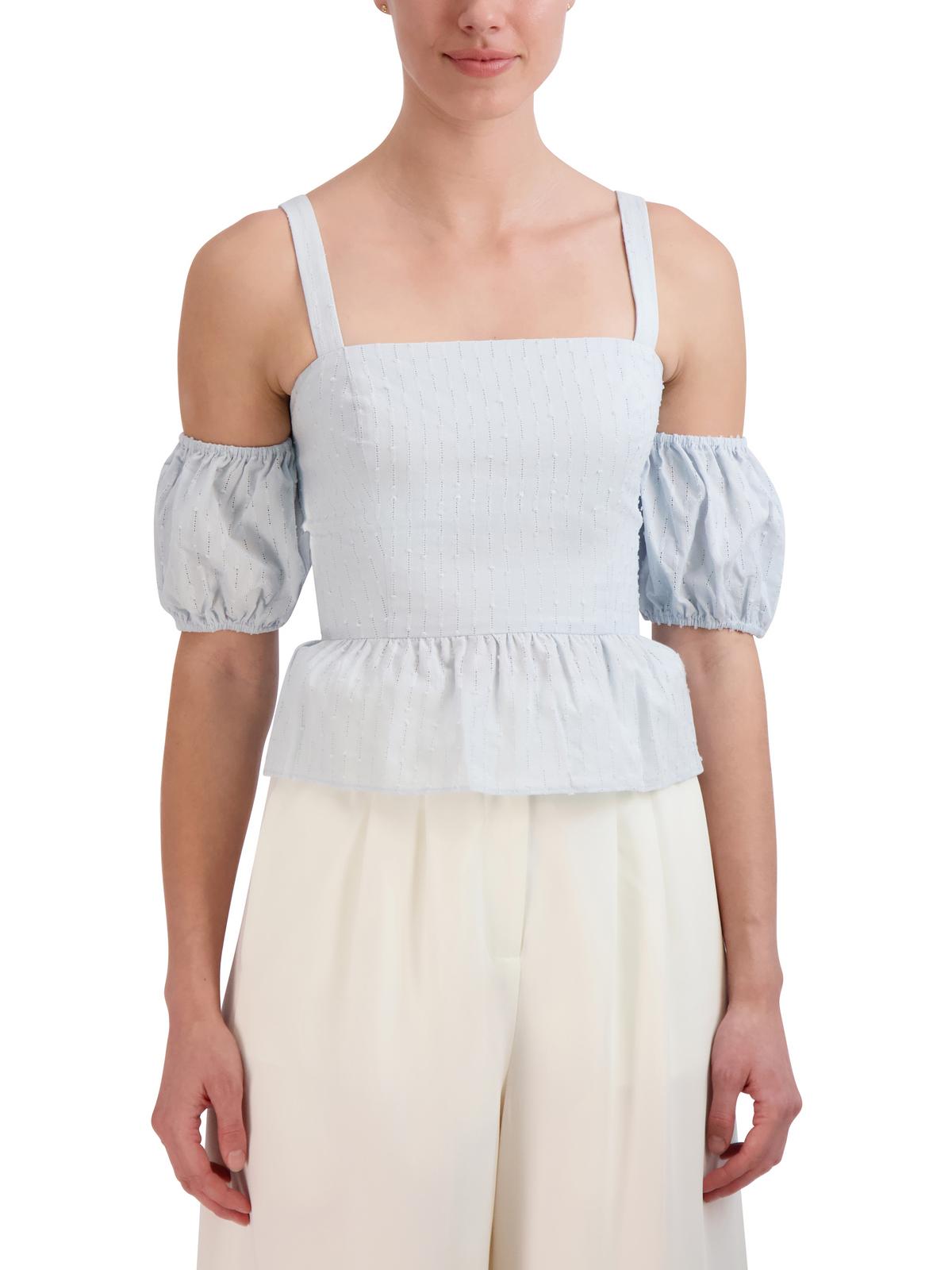 

Женский хлопковый топ с открытыми плечами и баской BCBGMAXAZRIA, синий