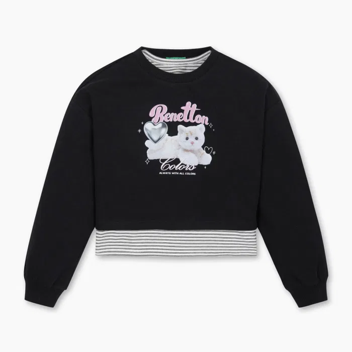 Детский свитшот Heart Cat Layered, чёрный, от Benetton Kids