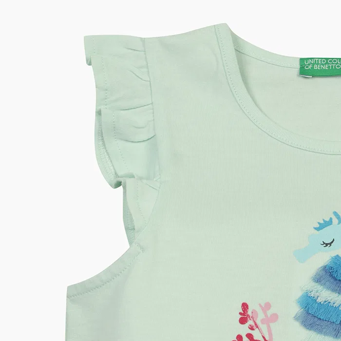 Детская мятная футболка с рюшами на рукавах от Benetton Kids — фото 4