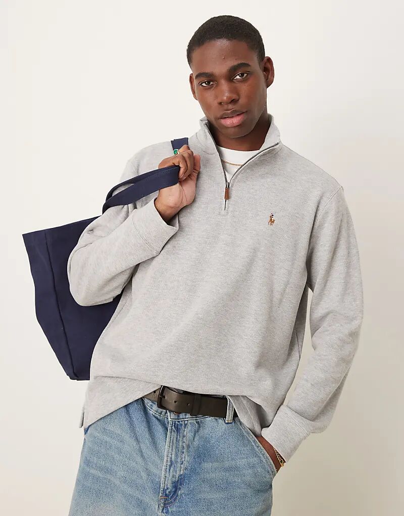 

Вязаный джемпер Polo Ralph Lauren с длинными рукавами и застежкой-молнией на четверть дюйма серого цвета