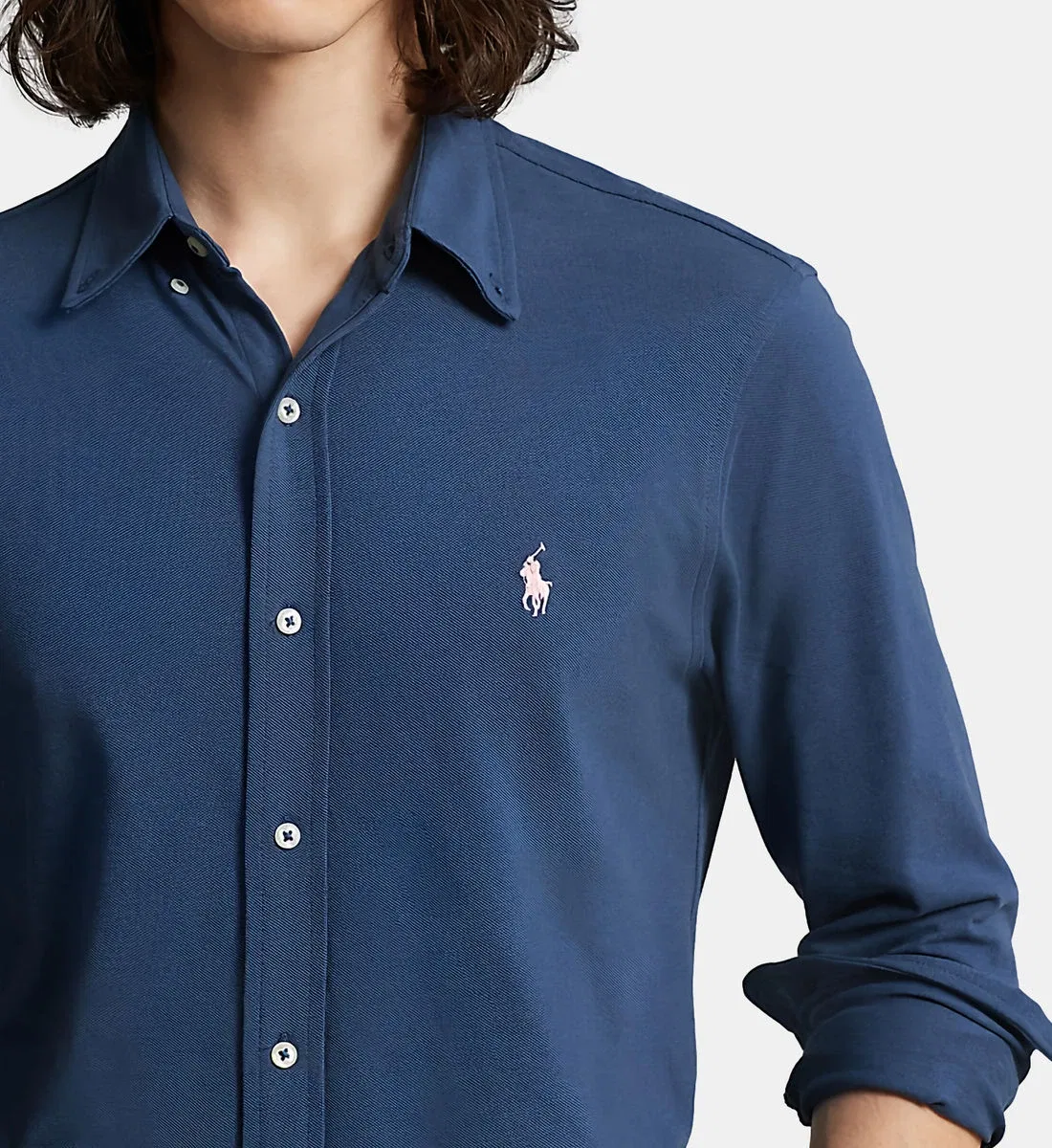 Прямая рубашка из хлопковой сетчатой вязки POLO RALPH LAUREN, синий — фото 4