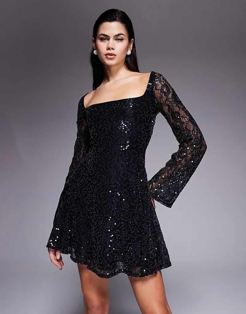 

Мини-платье ASOS DESIGN с квадратным вырезом и расклешенными рукавами черного цвета