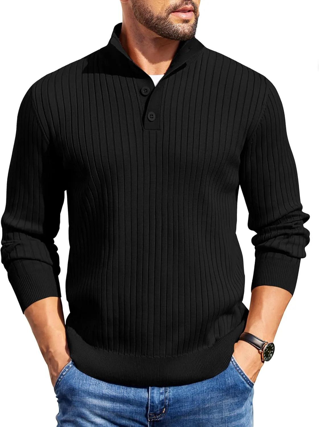 

COOFANDY мужской кардиган на четверти пуговиц с длинным рукавом и стойкой