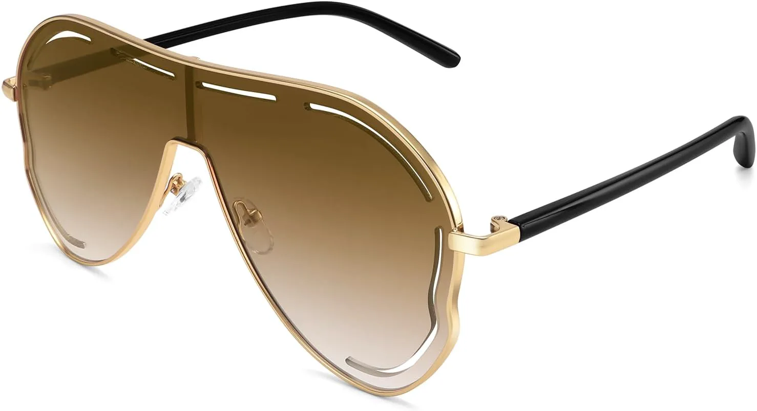 

Женские солнцезащитные очки Dollger Oversized One Piece Shield - большие модные очки с защитой от УФ-излучения, стильные очки-авиаторы, Gold Frame Gradient Brown