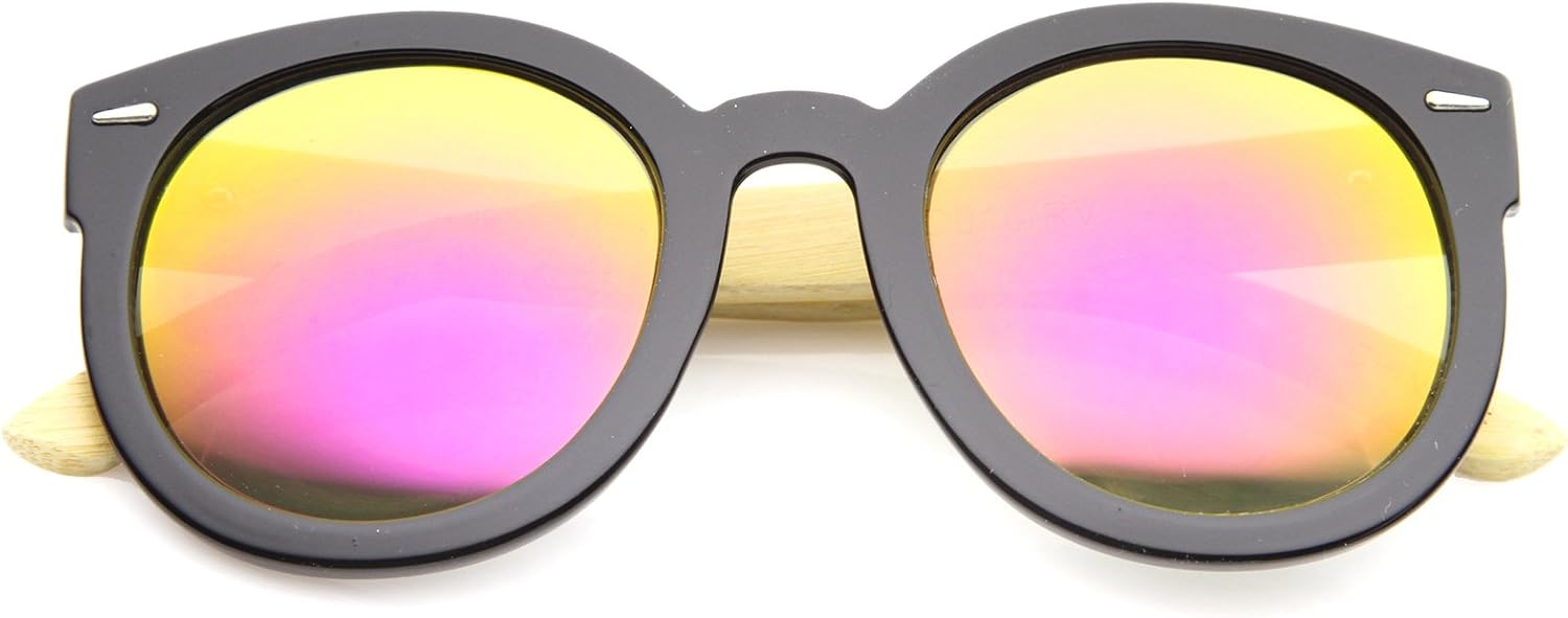 

Солнцезащитные очки zeroUV с зеркальными линзами, круглыми дужками из натурального бамбука, диаметр линз 53 мм, экологичные, с защитой от ультрафиолета, Black / Magenta Mirror