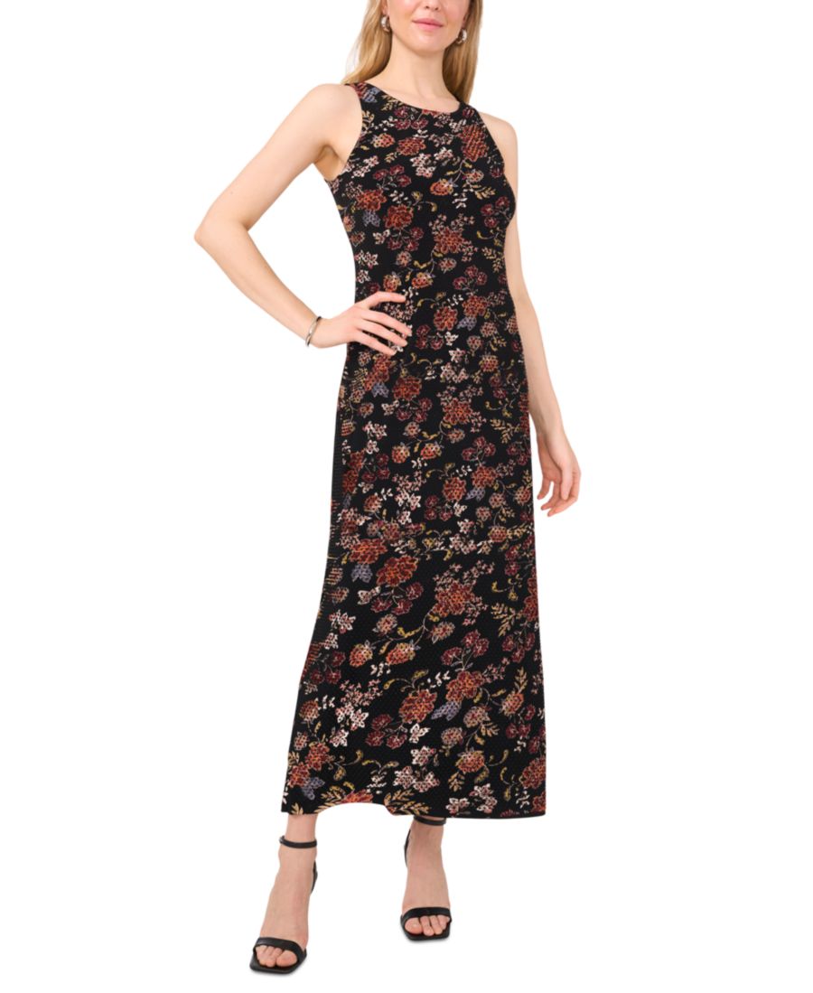 

Женское длинное платье без рукавов с цветочным принтом, вырезом-капелькой на спине и круглым вырезом Vince Camuto, Rich Black