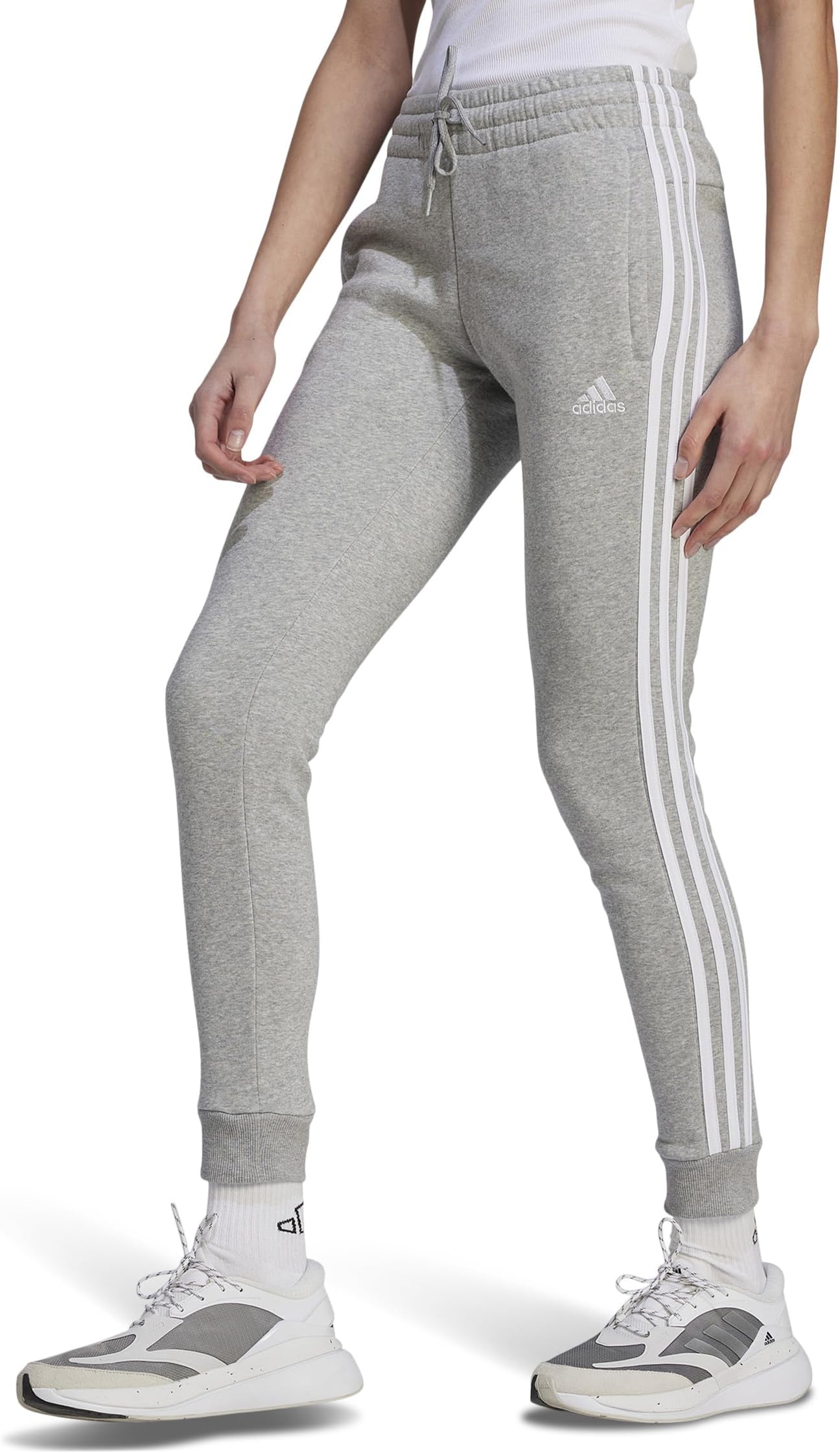 Брюки adidas 3-Stripes Fleece Cuffed Pants, цвет Medium Grey Heather/White 1 — фото 3