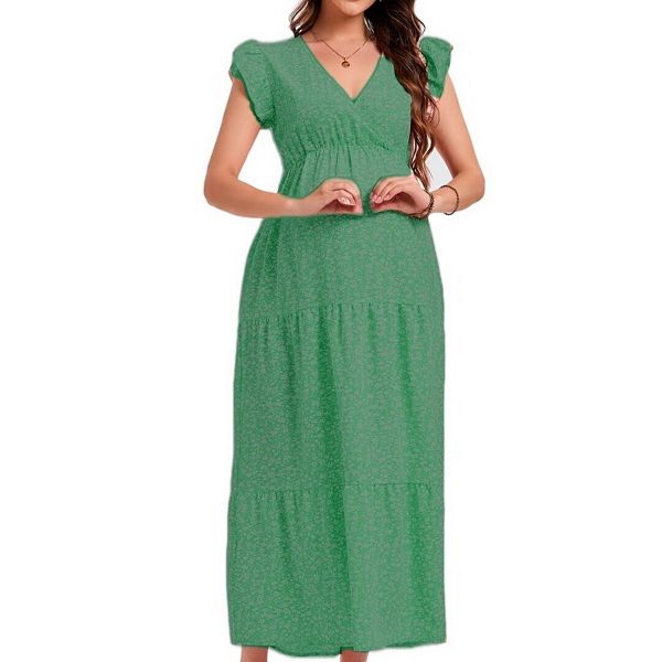 

Летнее платье-макси для беременных с V-образным вырезом и цветочным принтом, с воротником в стиле бохо, короткими рукавами и поясом Yesfashion, Green