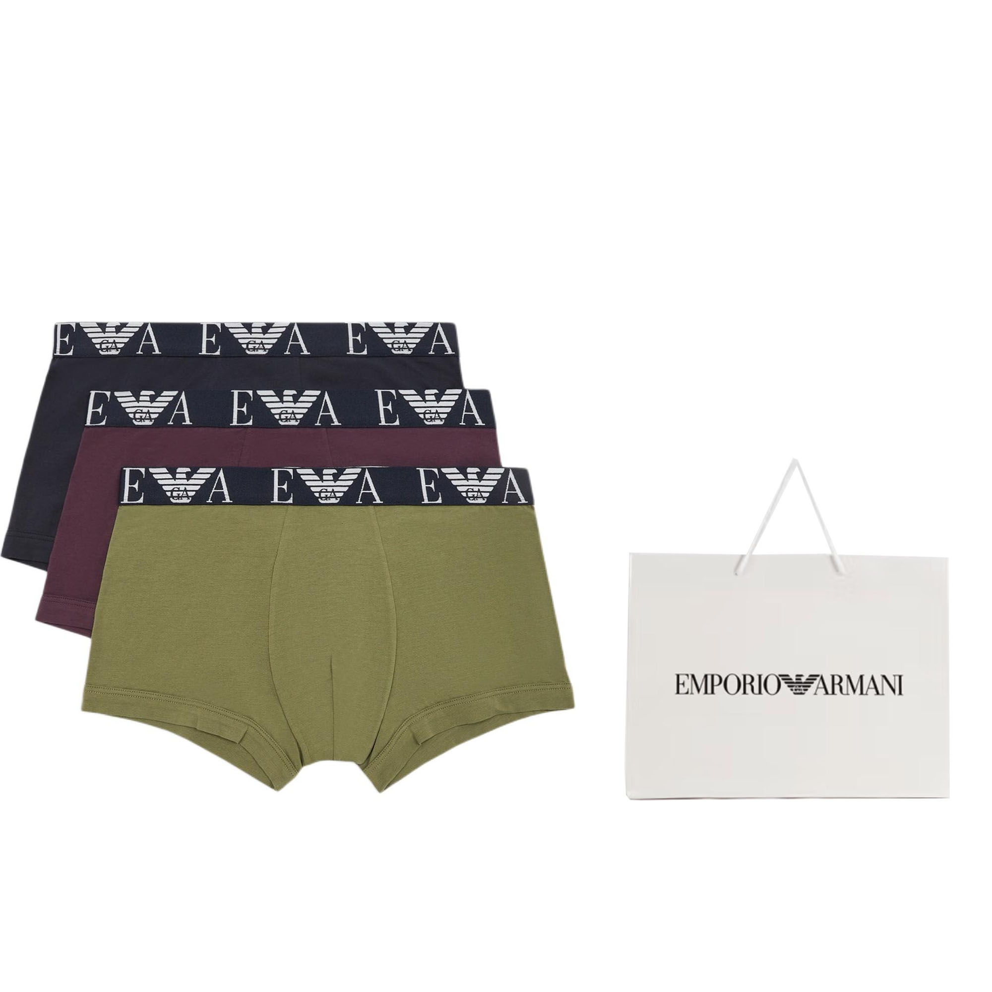 

Тройная упаковка боксеров с крупным логотипом монограммы EMPORIO ARMANI, 3 штуки (оливковый зеленый + морской синий + красно-коричневый)