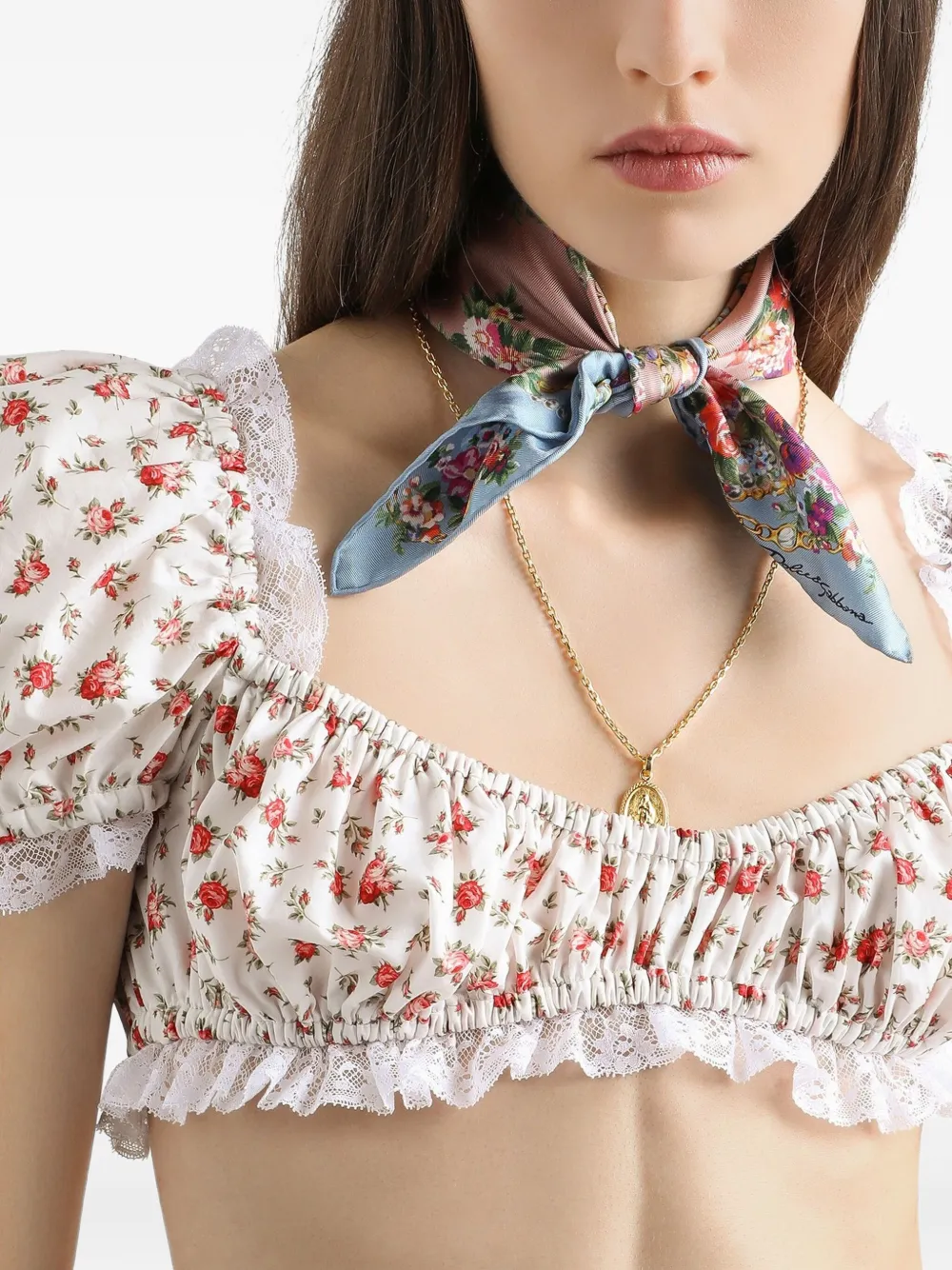 Укороченный топ с цветочным принтом DOLCE & GABBANA, белый — фото 4