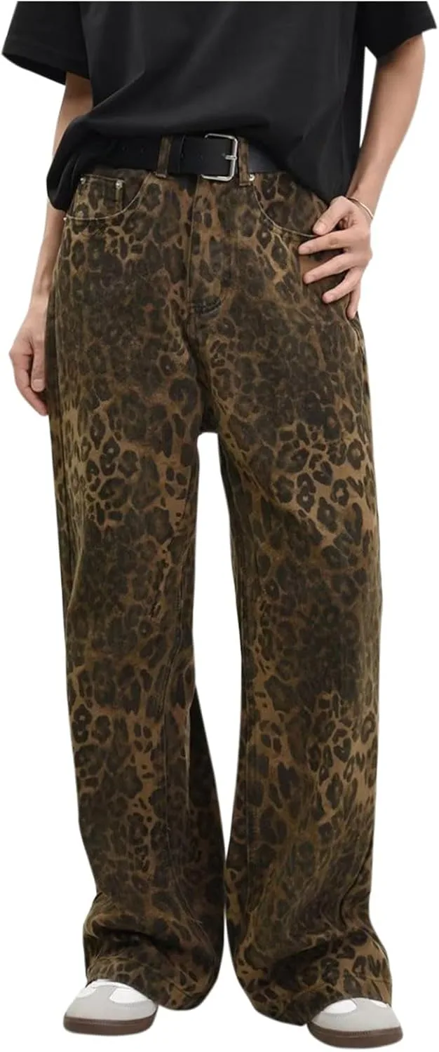 

Джинсы для женщин High Waist Leopard Print Y2k Oversized Wide Leg