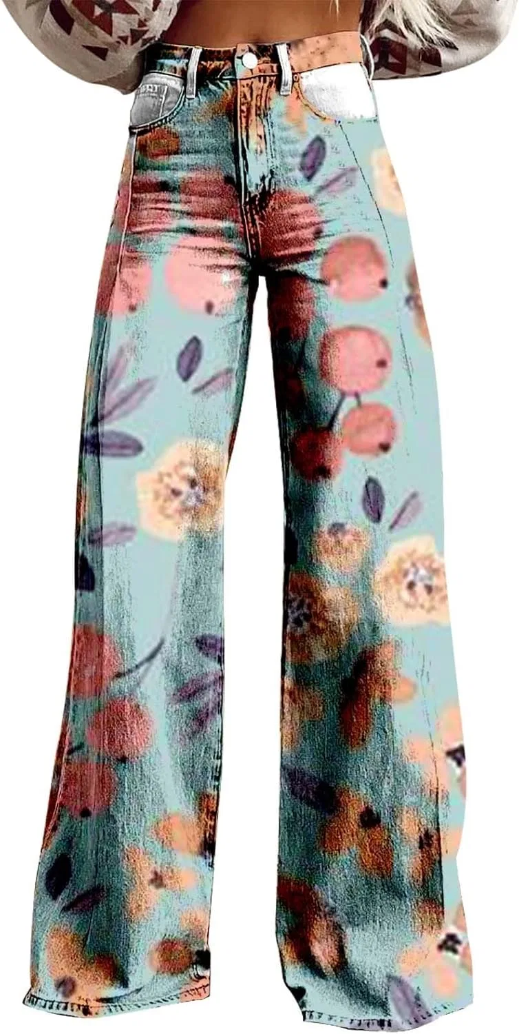 Джинсы Flare Wide Leg, принт, синий