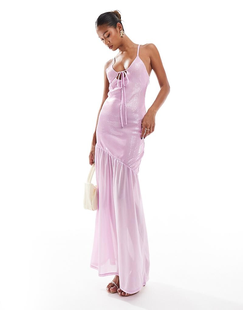 

Платье макси на бретельках ASOS DESIGN из нежно-розовой ткани с пайетками и бретелями
