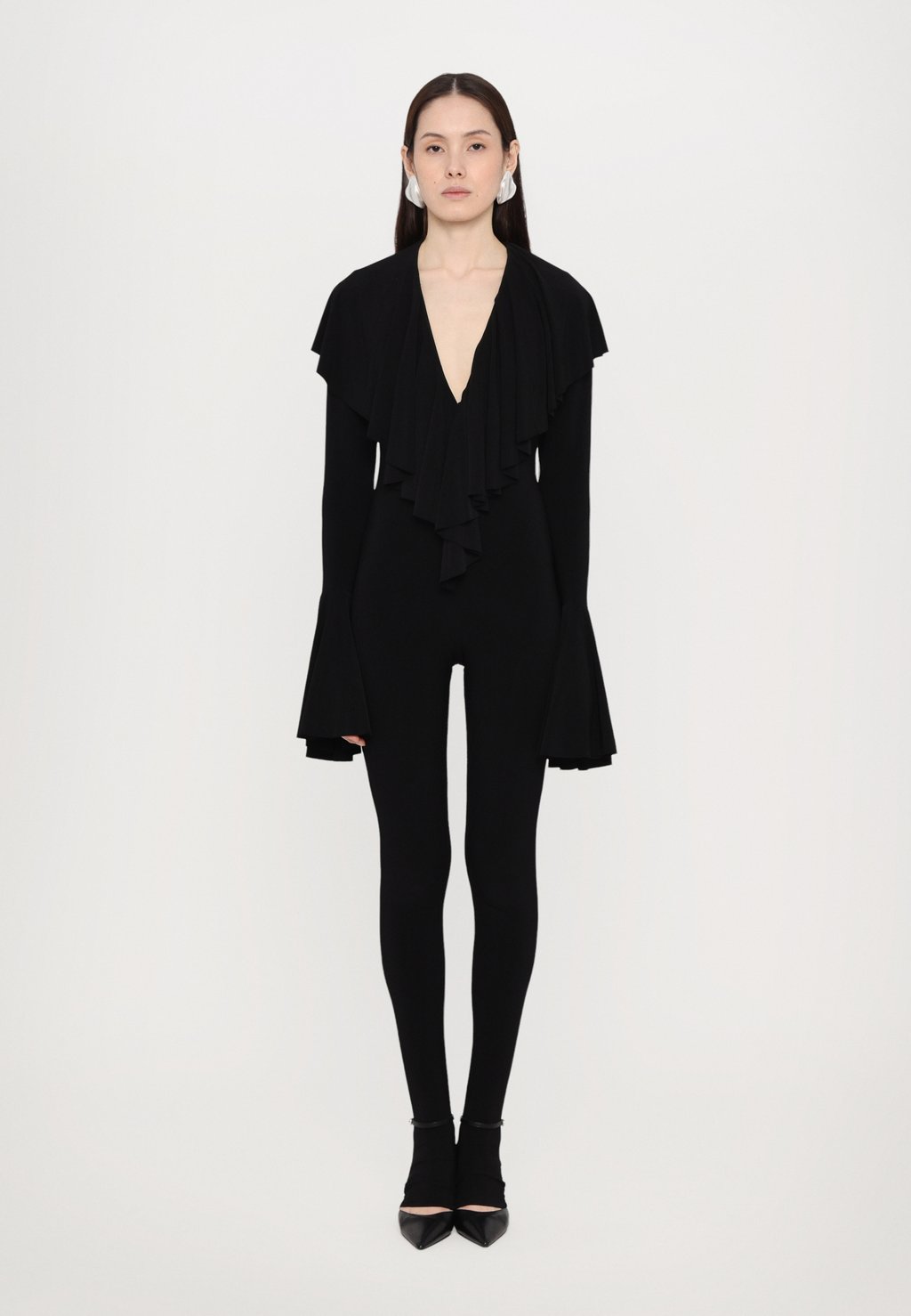 

Комбинезон LONG SLEEVE DEEP RUFFLE CATSUIT FOOTIE Norma Kamali, черный