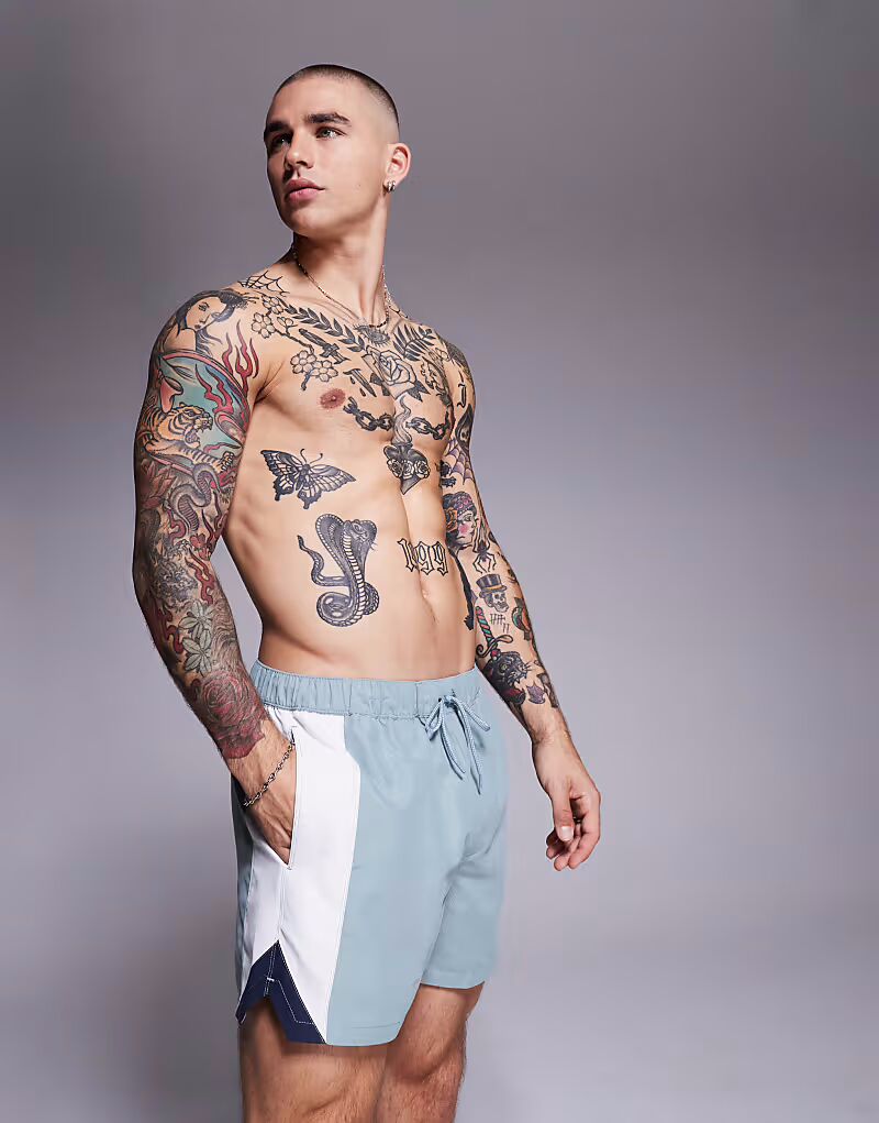 

Короткие шорты для плавания ASOS DESIGN с разрезом сбоку и строчкой синего цвета