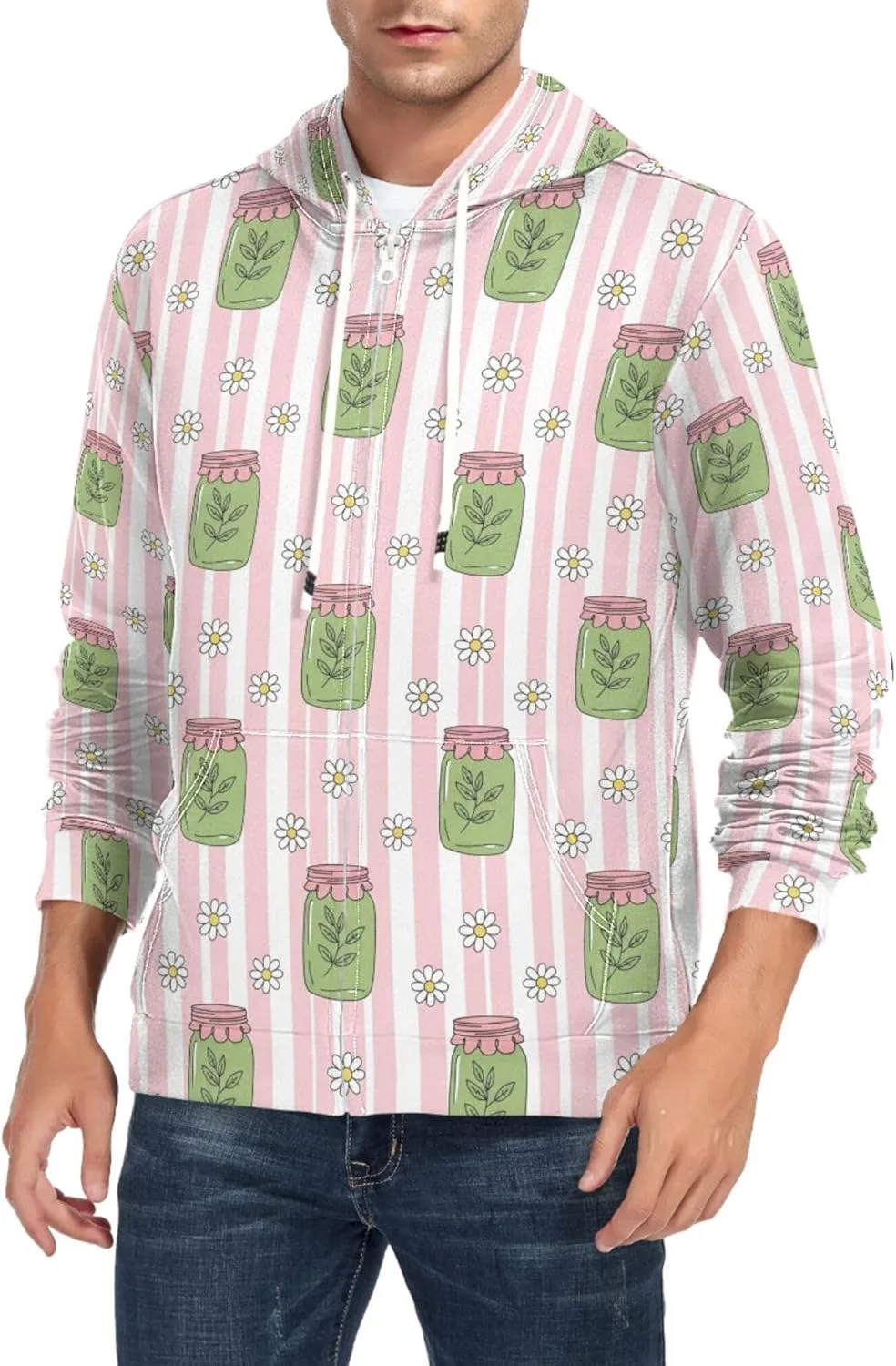 

Мужская толстовка с капюшоном на молнии, розовые полосы, зеленые банки, ромашки, листья CUPADA