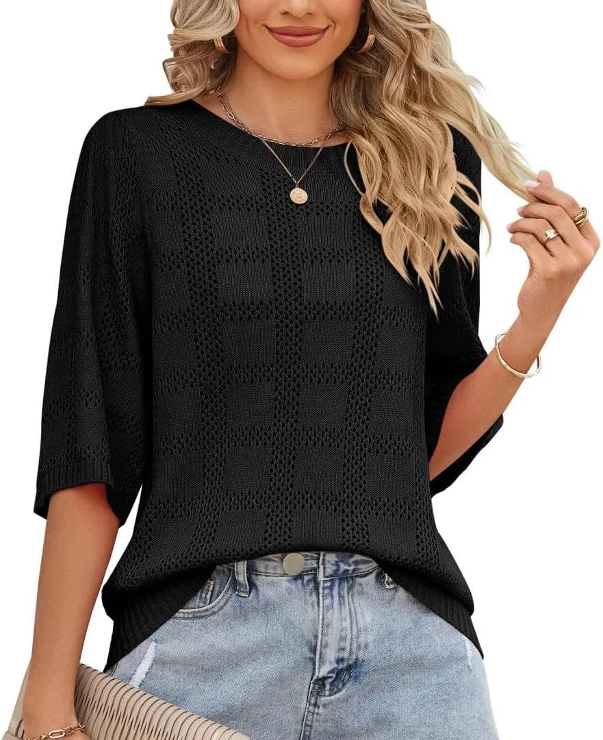 

Женский свитер-туника с круглым вырезом и коротким рукавом