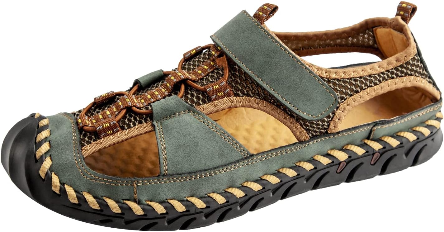 

Мужские сандалии, летние кожаные пляжные сандалии-рыбаки с закрытым носком, ручной работы, дышащие водные сандалии для мужчин, уличная нескользящая обувь для ходьбы, противоударные, удобные для походов и активного отдыха сандалии Nuheel, зеленый