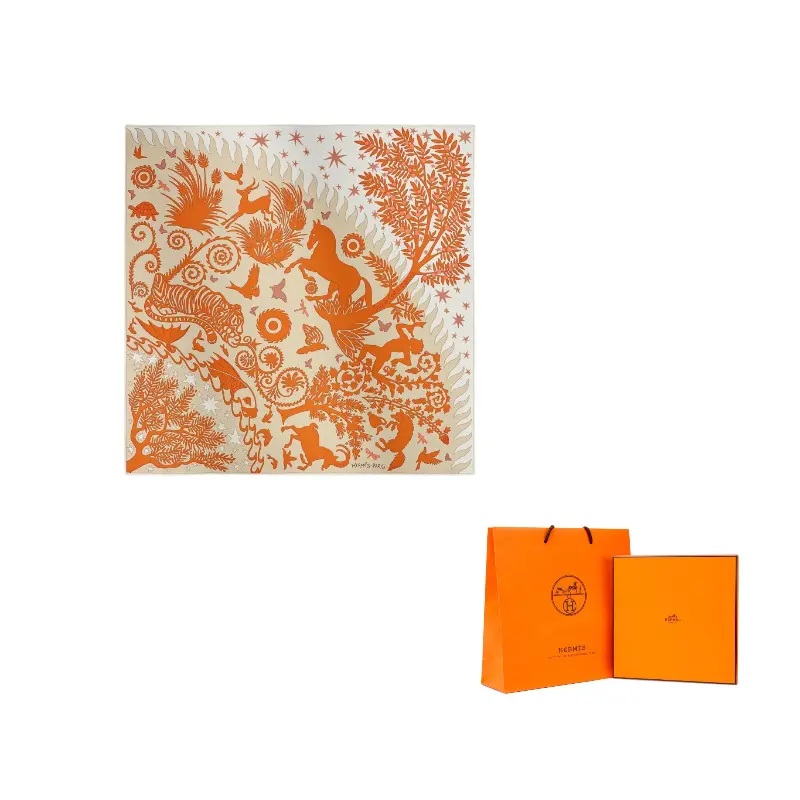 

HERMES Шарф из шелка Mulberry для женщин, цвет Gray White/Ripe Orange/Beige