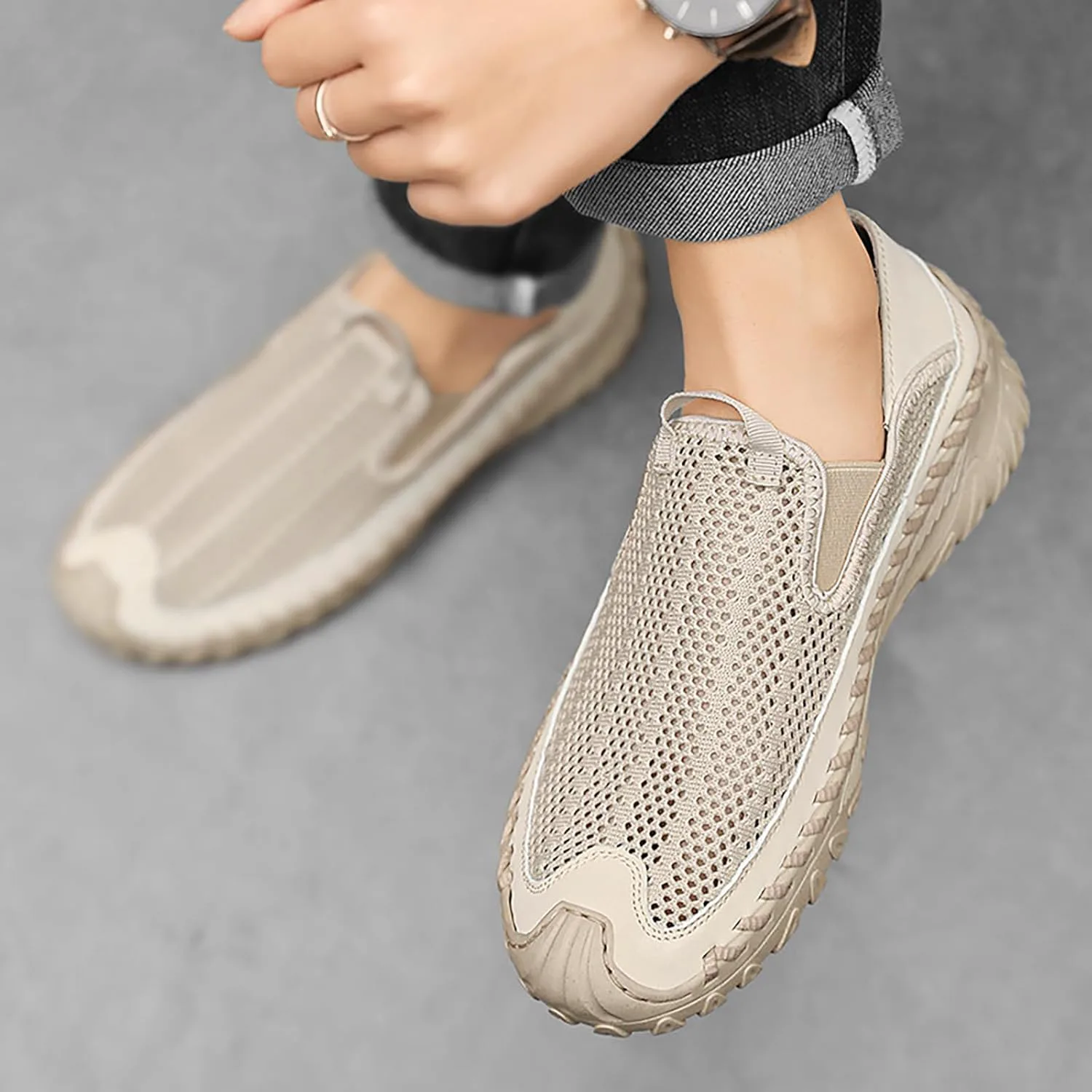 

Мужские ручной работы лоферы с сеткой, без застежки, удобные, легкие, дышащие, с закрытым носком, подходящие для ходьбы, прогулок на открытом воздухе, кросс-кантри, противоскользящие походные кроссовки HDFDB, хаки