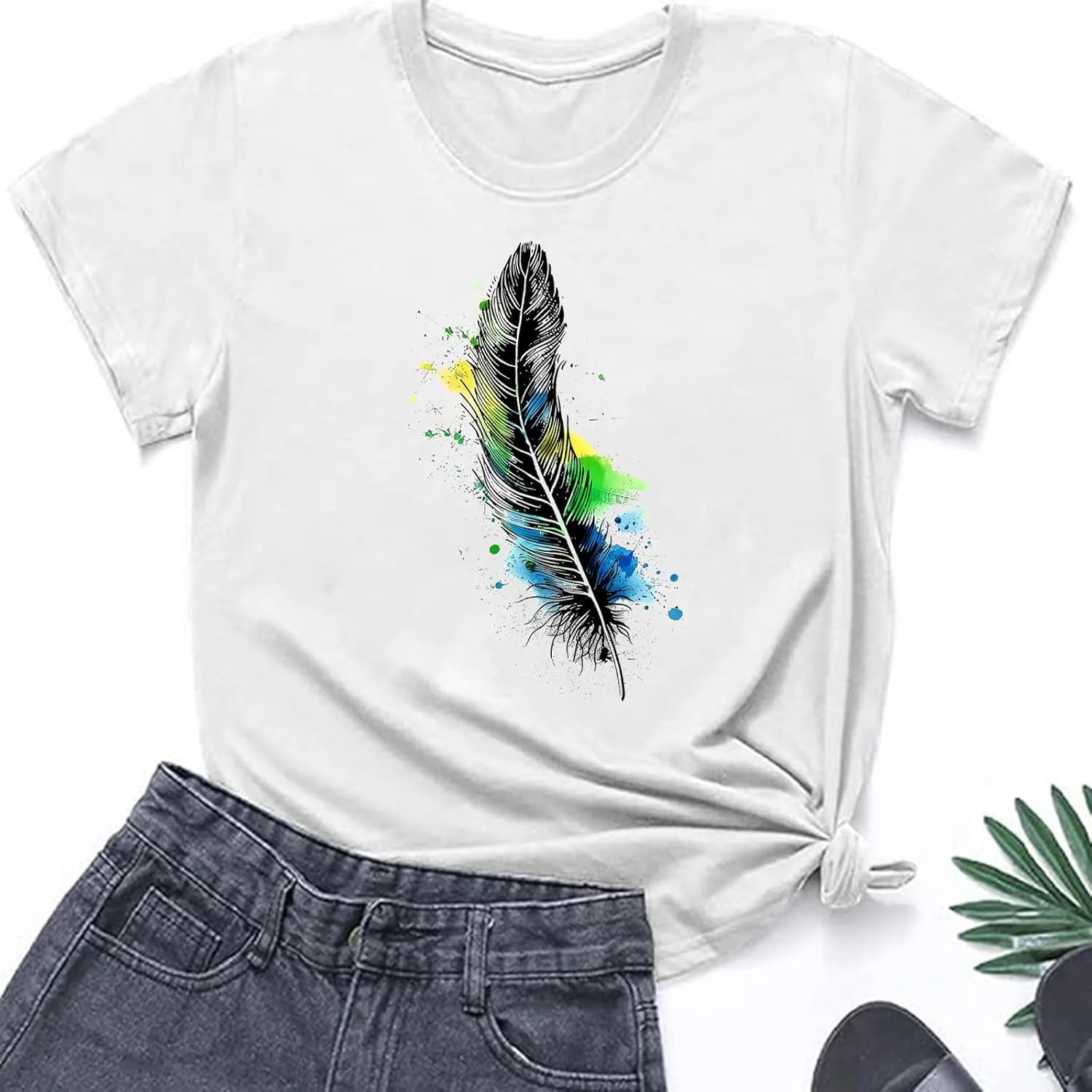 Футболка с принтом Feather для женщин, Casual, короткий рукав, свободный крой — фото 4