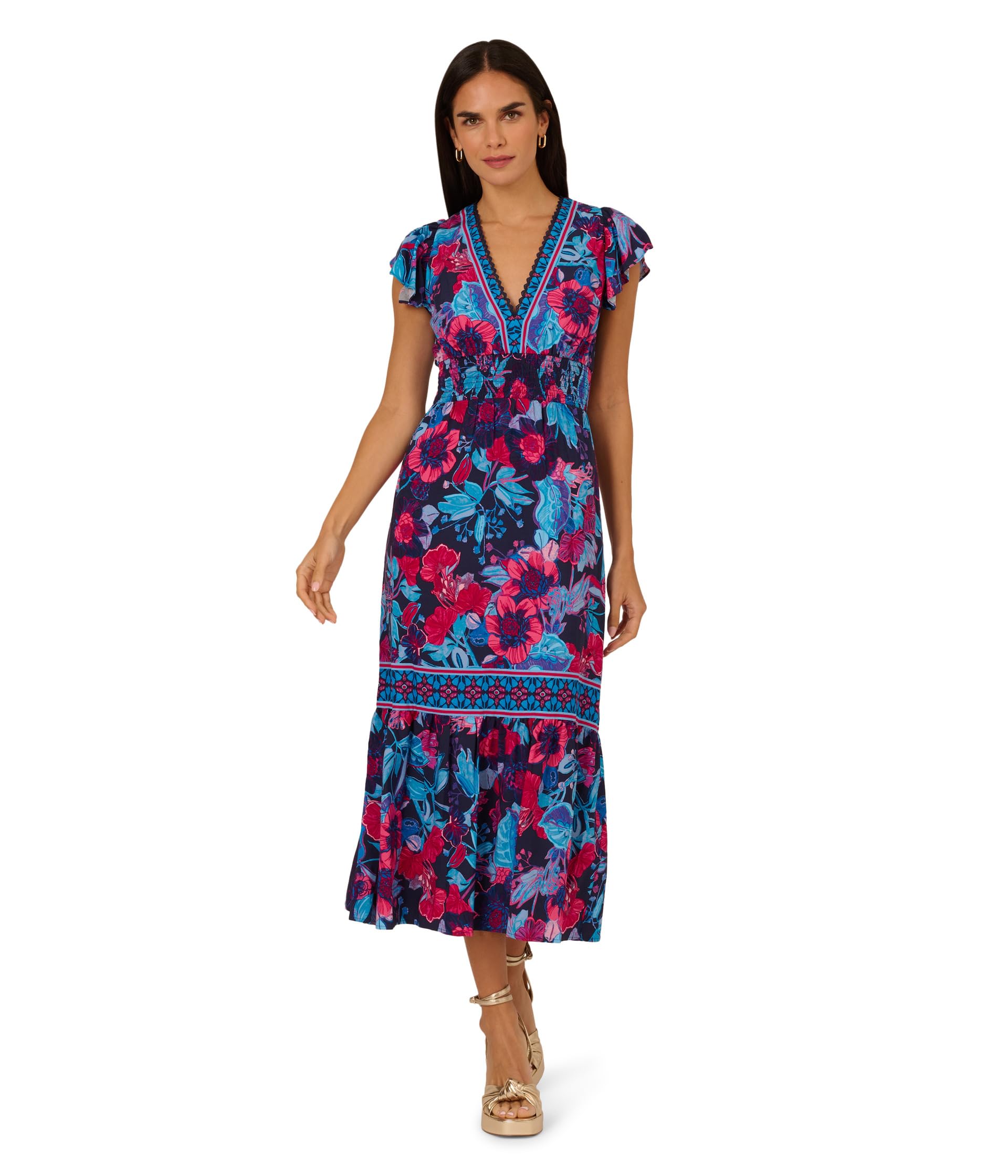 

Платье Adrianna Papell Printed Midi Dress, цвет Navy/Pink Multi