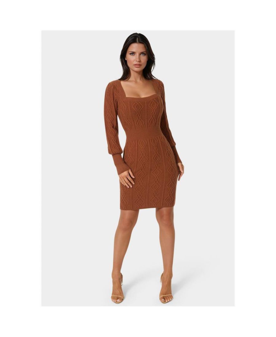 

Женское платье-свитер с квадратным вырезом и длинными рукавами, крупной вязки Bebe, Paprika