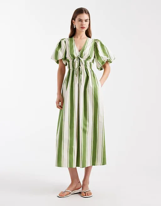 

Кремовое платье миди в полоску с пышными рукавами и v-образным вырезом New Look