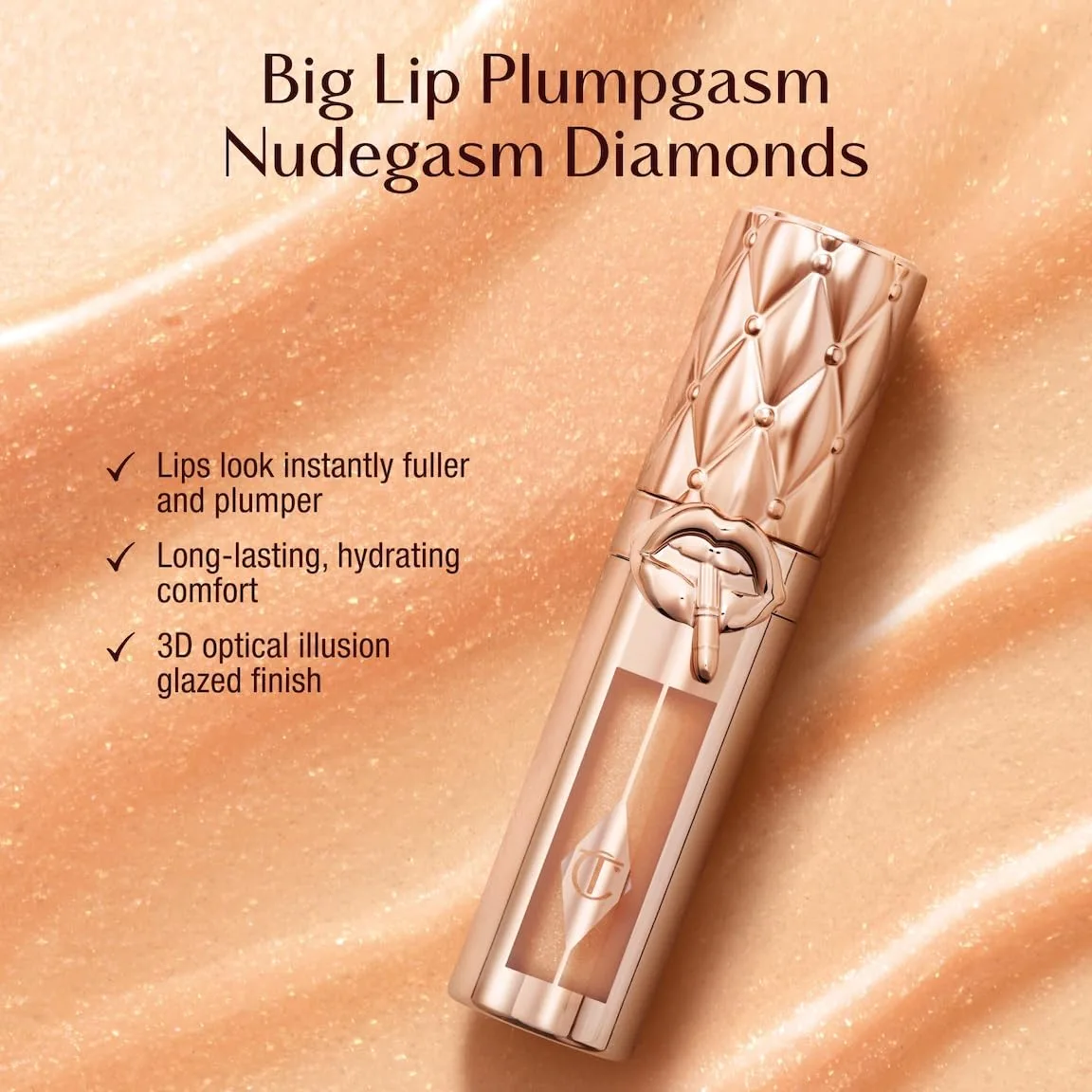 Charlotte Tilbury Big Lip Plumpgasm блеск для губ - подарочный набор Essential - увлажняющий плумпер с гиалуроновой кислотой и технологией Heat + Ice, Nudegasm Diamonds - sheer, champagne nude — фото 3