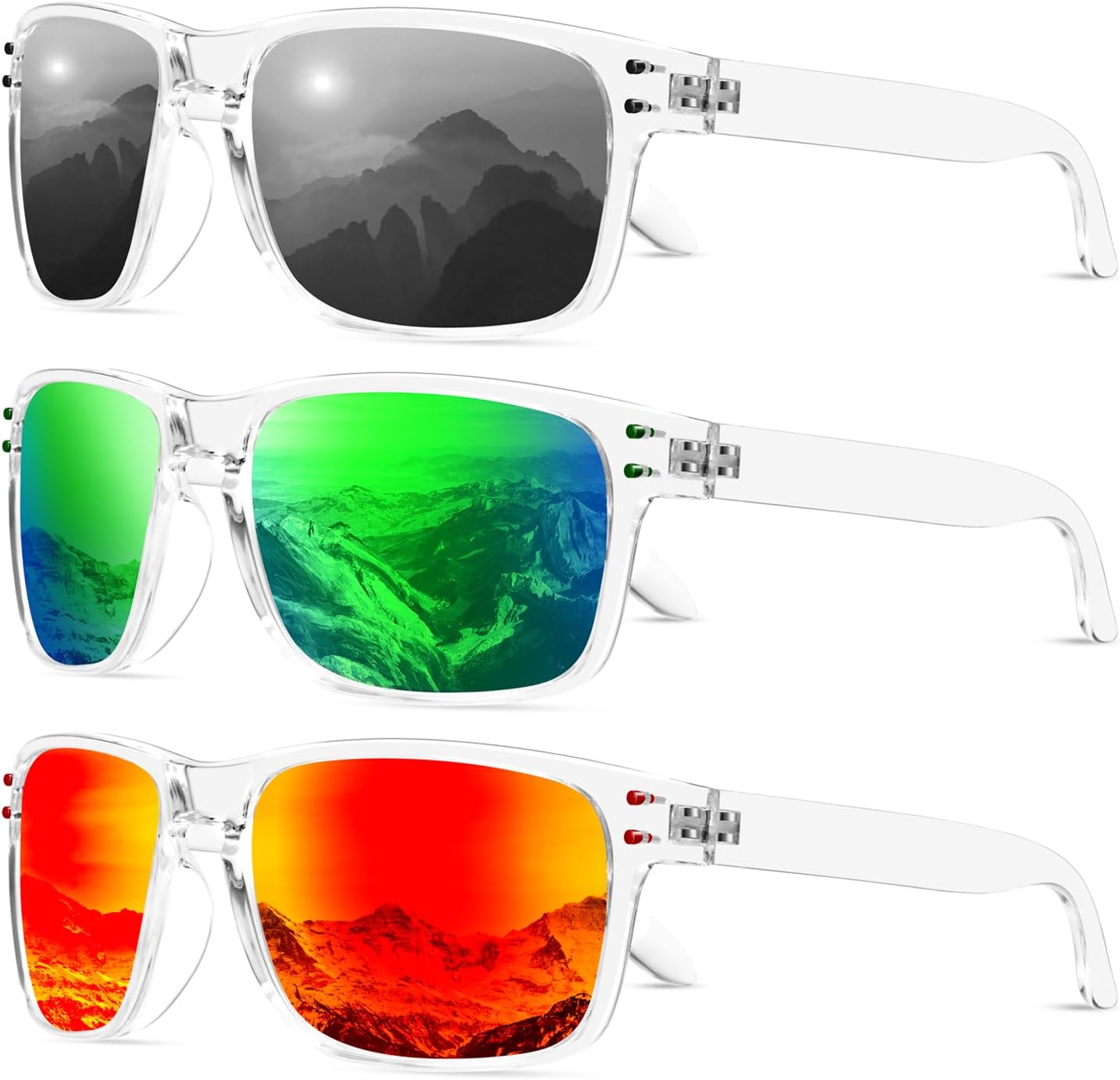 

Поляризованные солнцезащитные очки KALIYADI для мужчин и женщин в винтажном стиле, подходят для рыбалки, бега, вождения и защиты от УФ-излучения, (3 Pack) Clear Frame| Grey/Green/Red